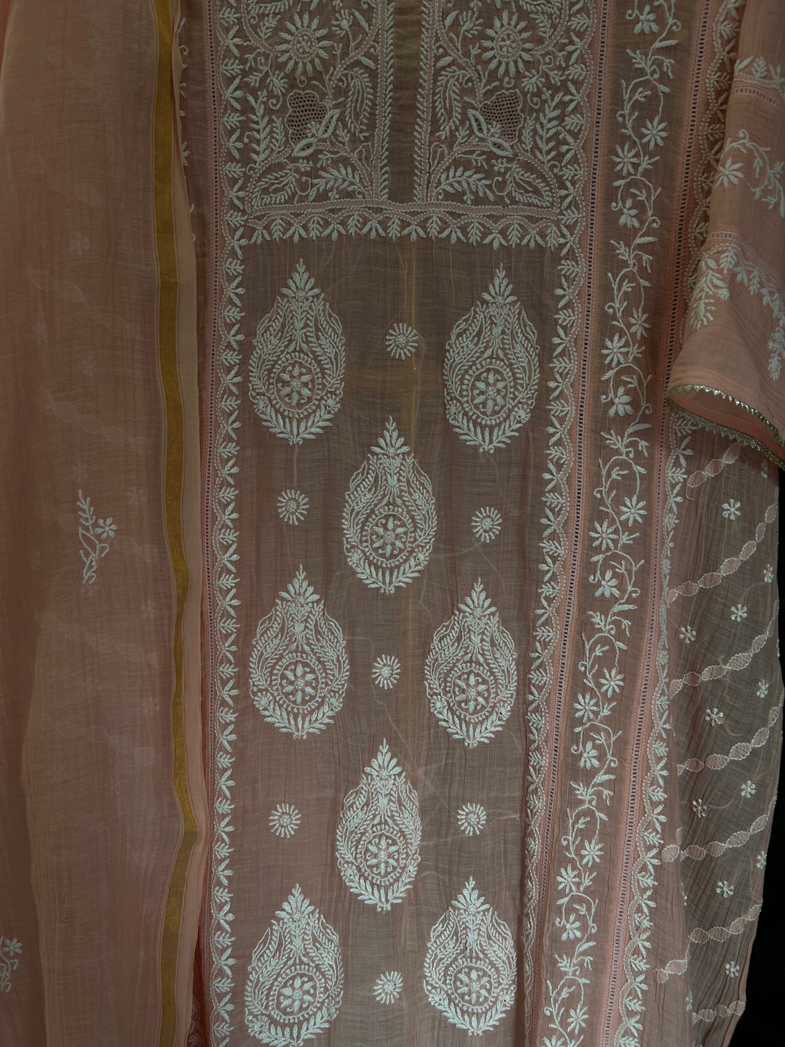 Pink Mul Chanderi Chikankari Kurta Set