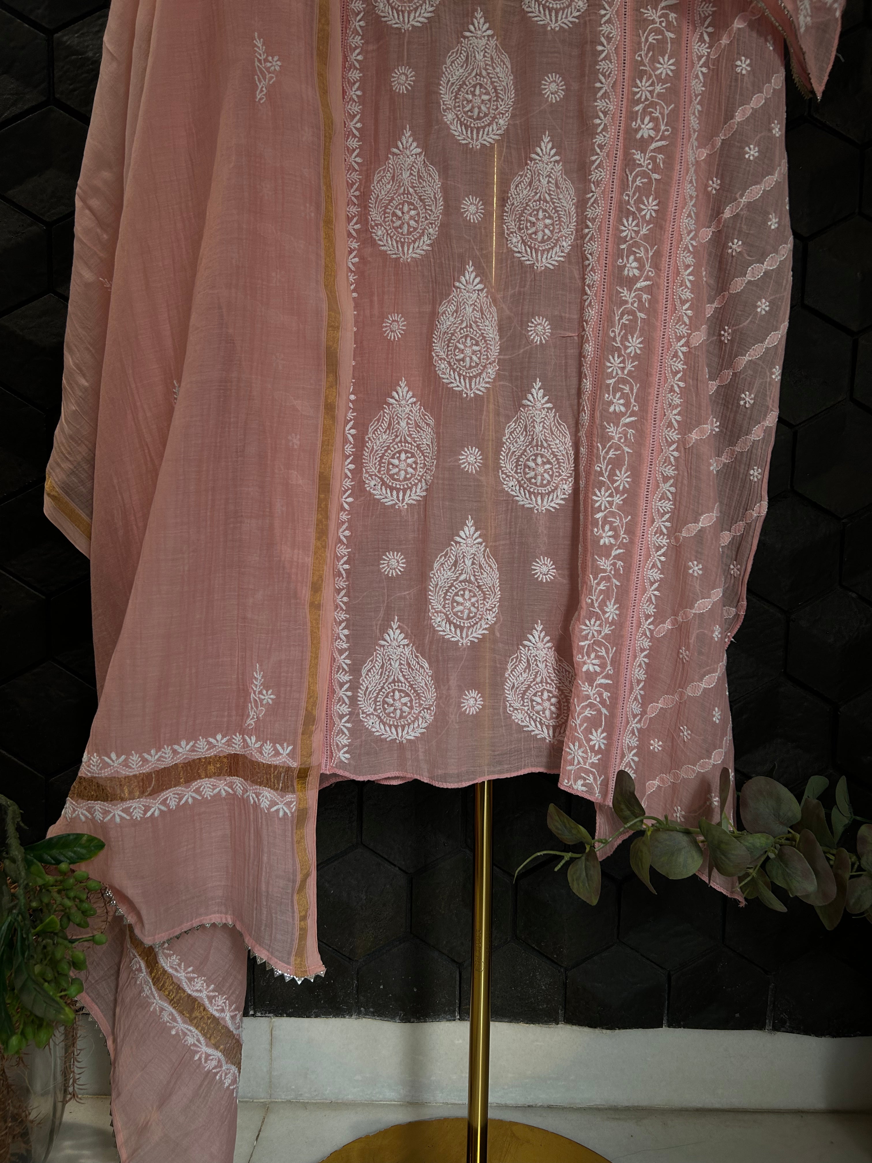 Pink Mul Chanderi Chikankari Kurta Set