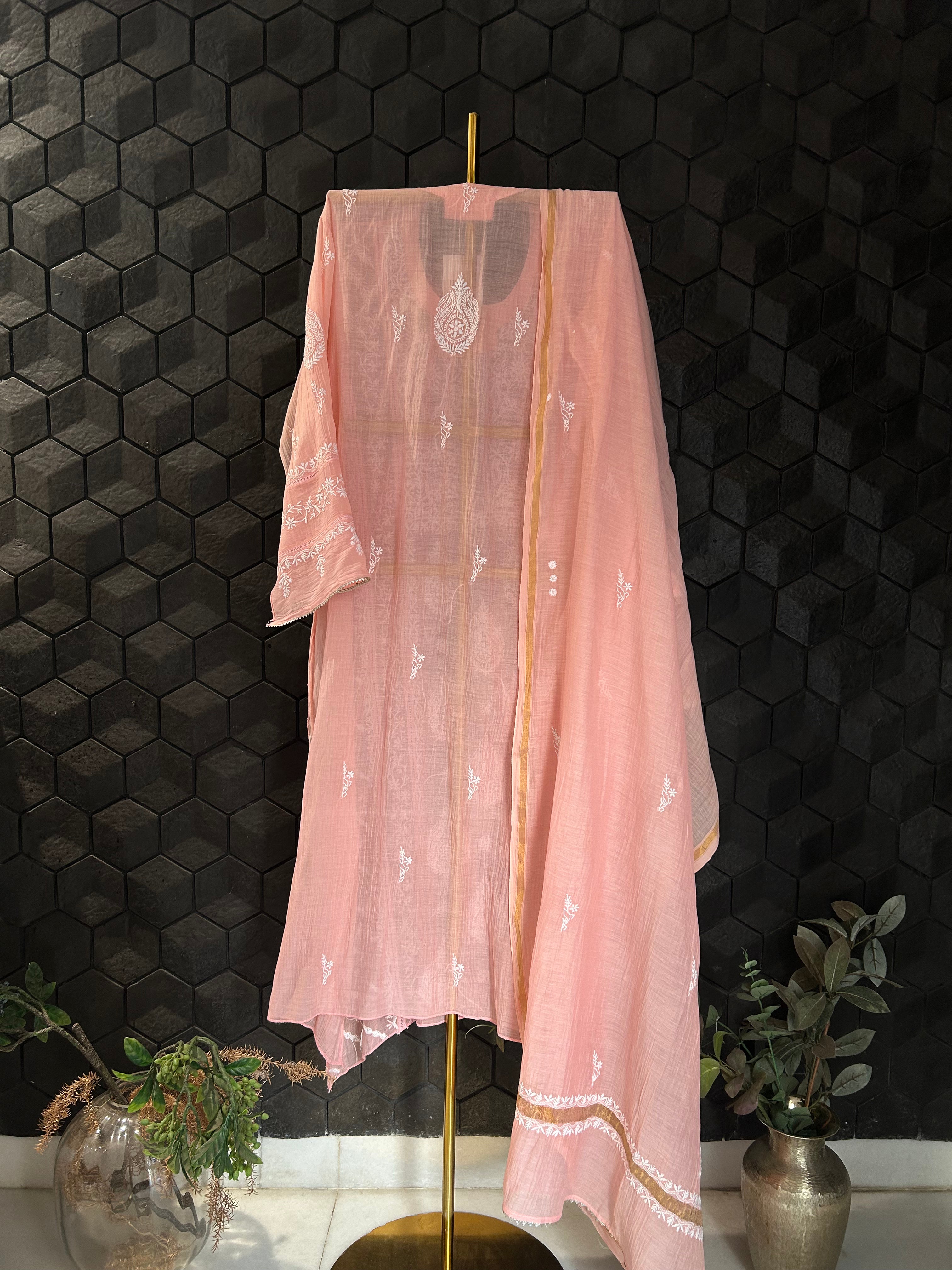 Pink Mul Chanderi Chikankari Kurta Set