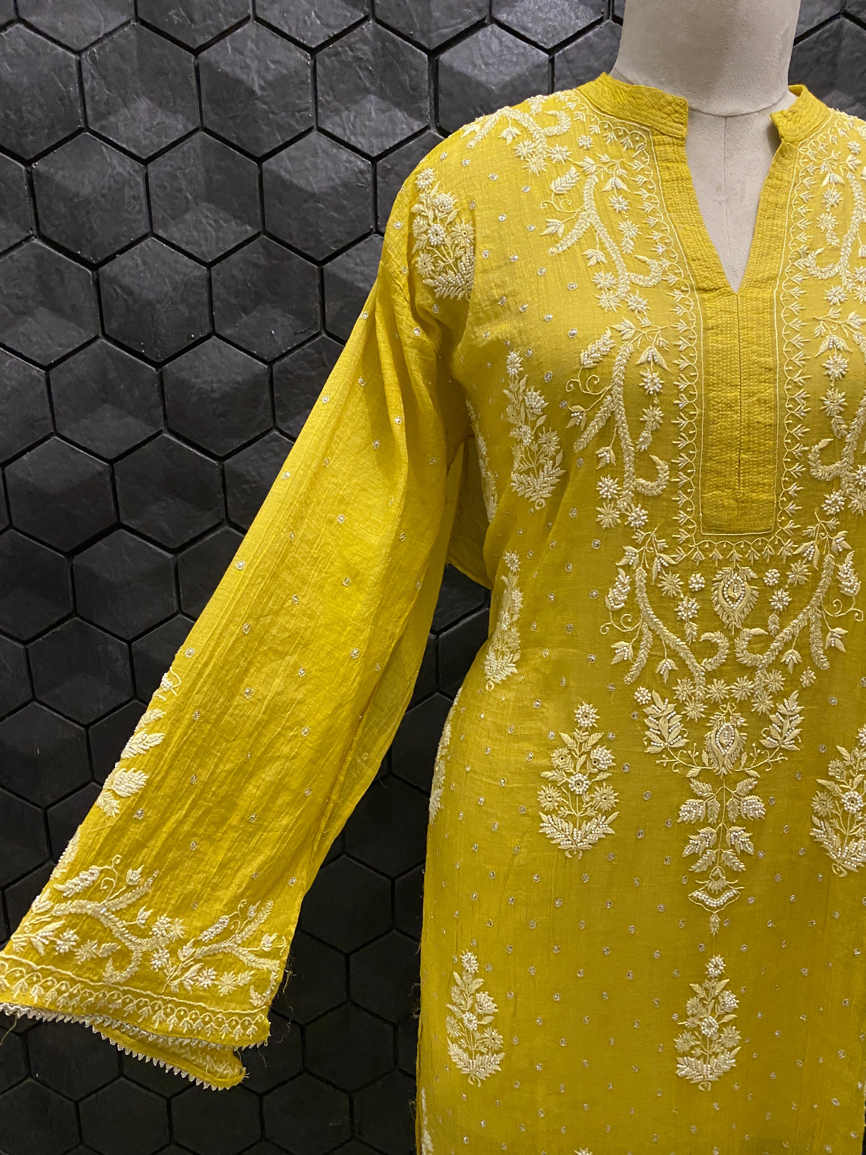 Yellow Tissue Chikankari Kurta Set