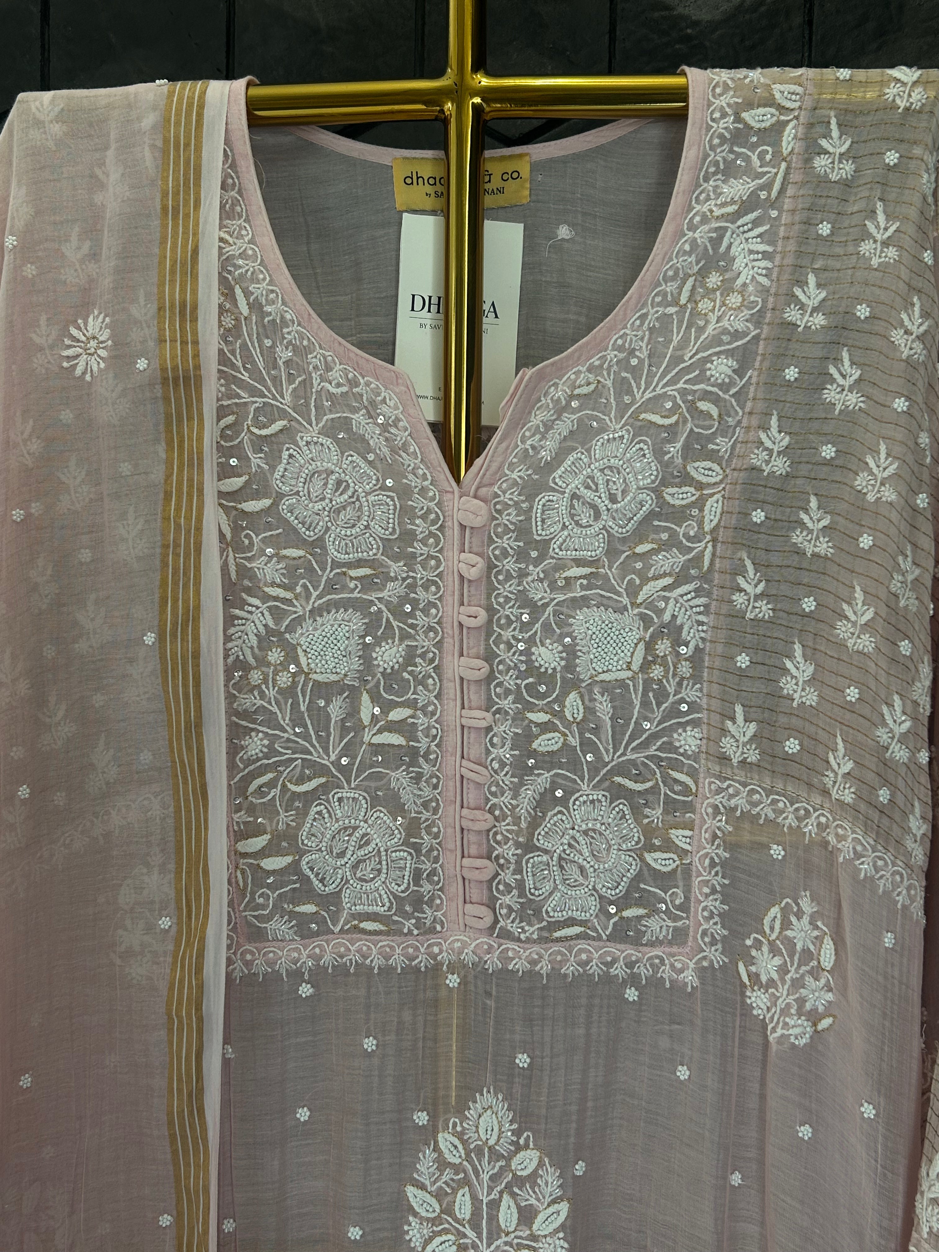 Pink Mul Chanderi Chikankari Kurta Set