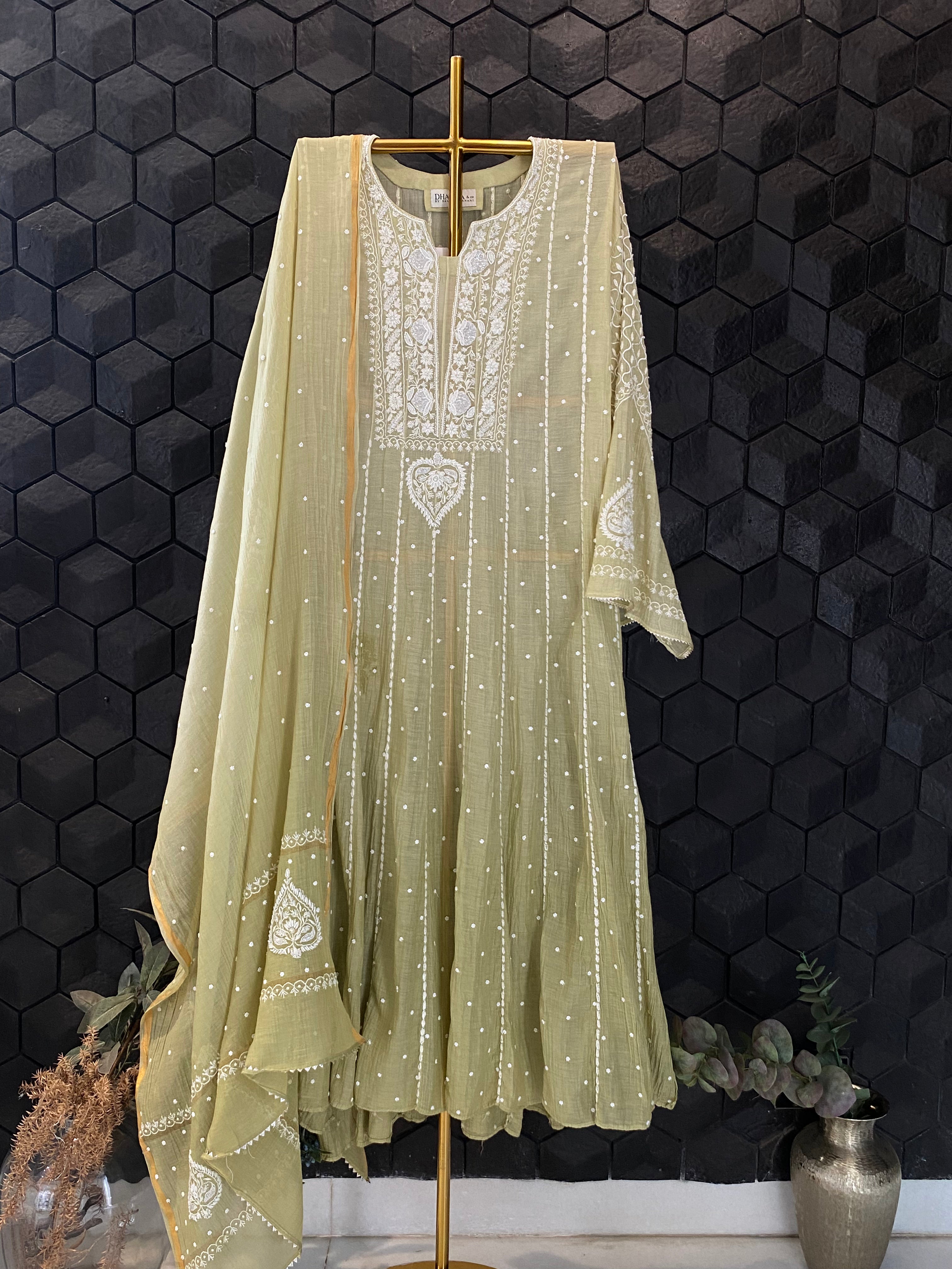 Pista Green Mul Chanderi Chikankari Anarkali Set
