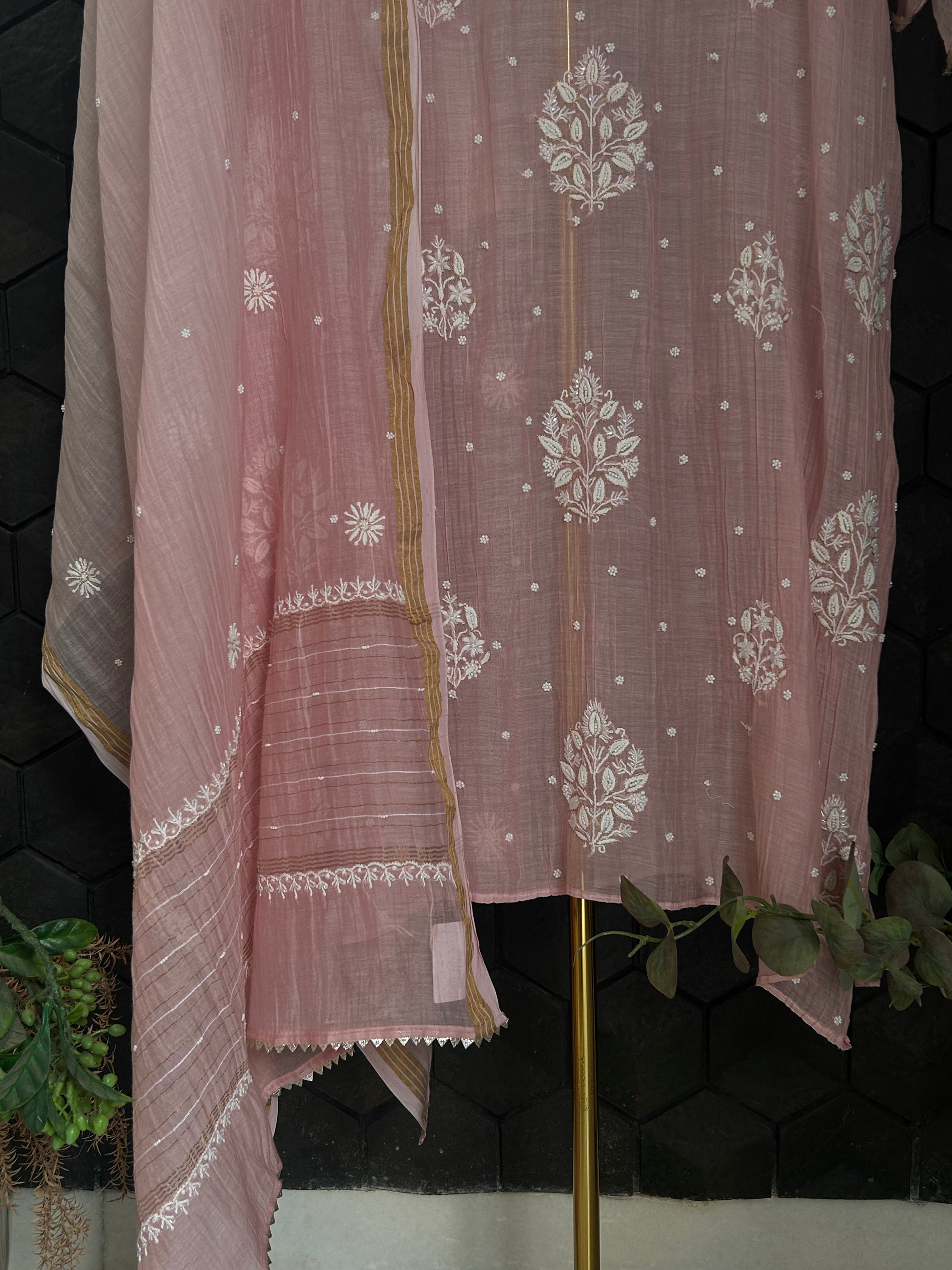 Pink Mul Chanderi Chikankari Kurta Set