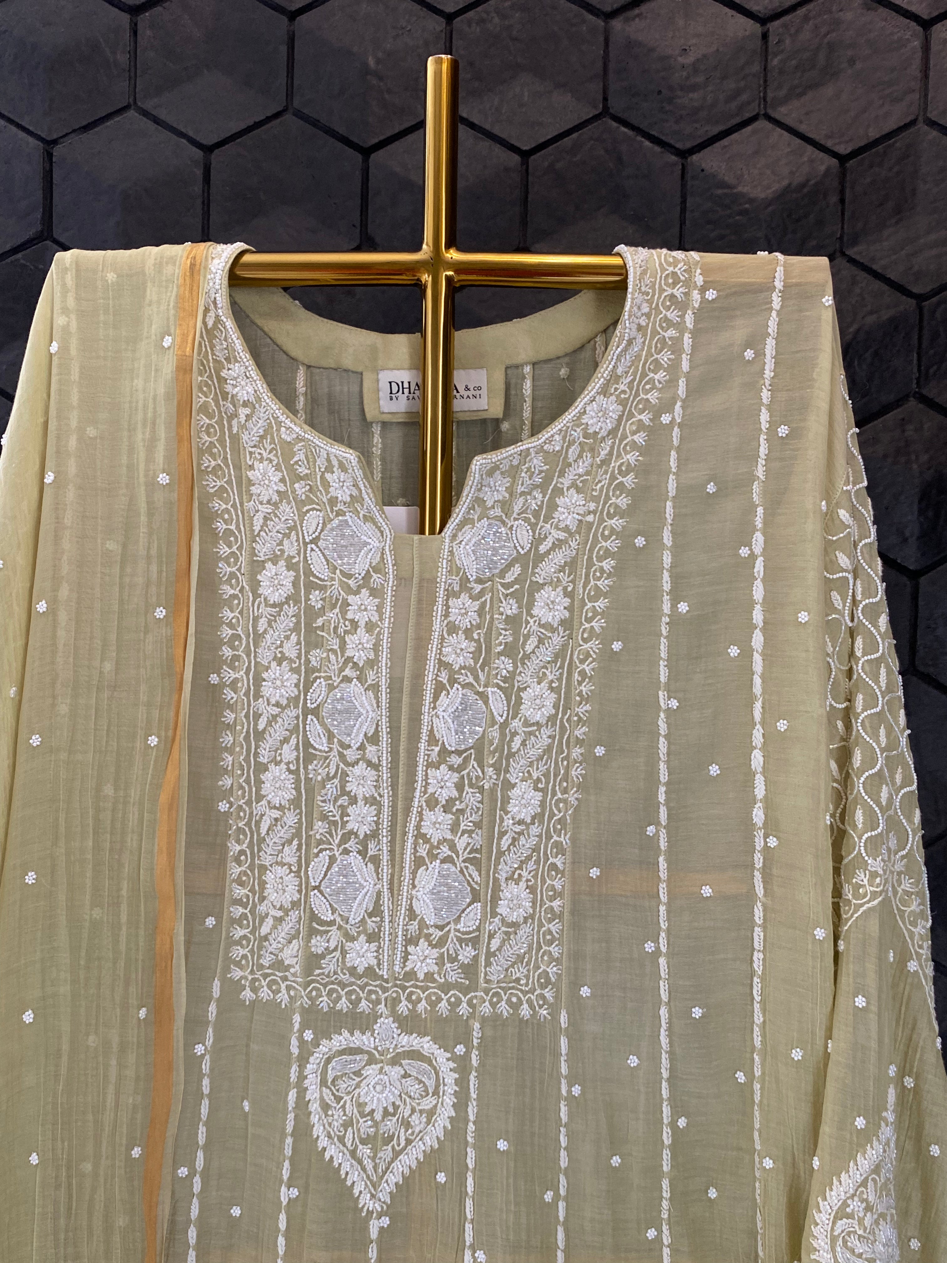 Pista Green Mul Chanderi Chikankari Anarkali Set