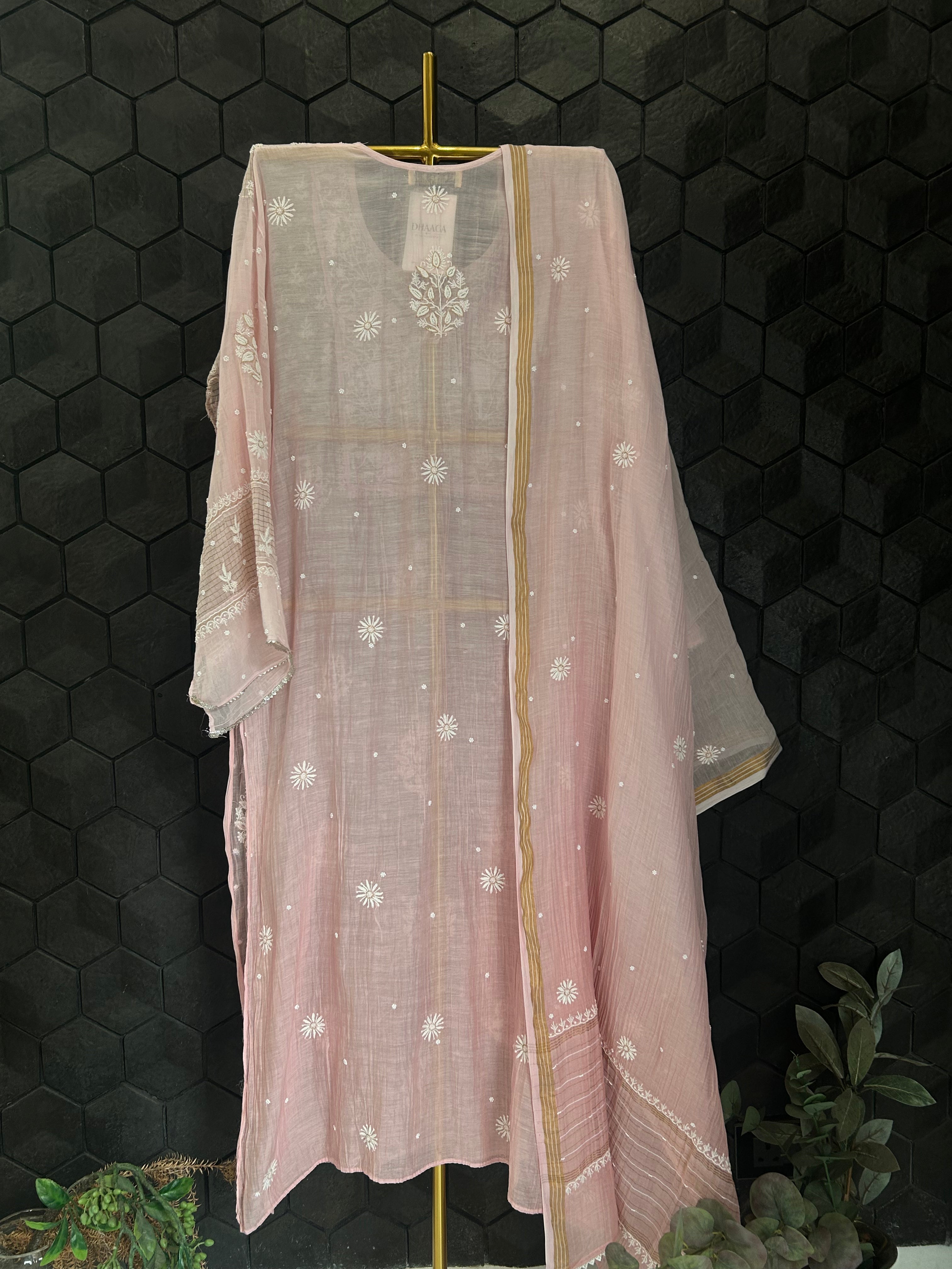 Pink Mul Chanderi Chikankari Kurta Set