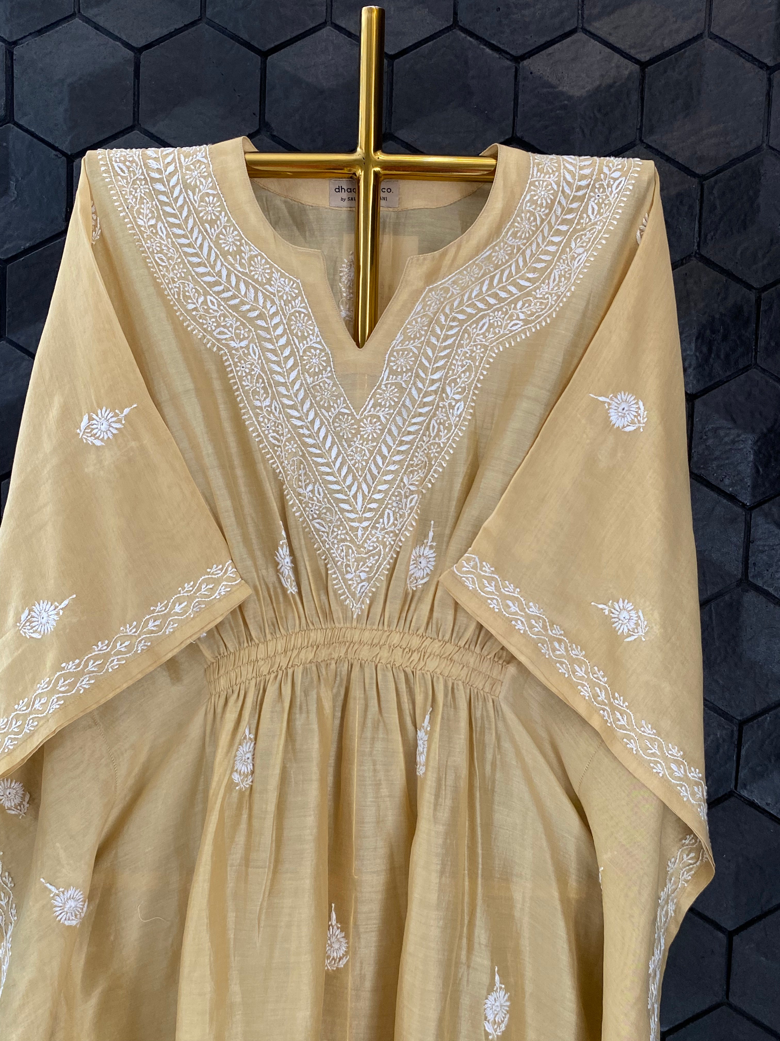 Gold Chanderi Chikankari Kaftan