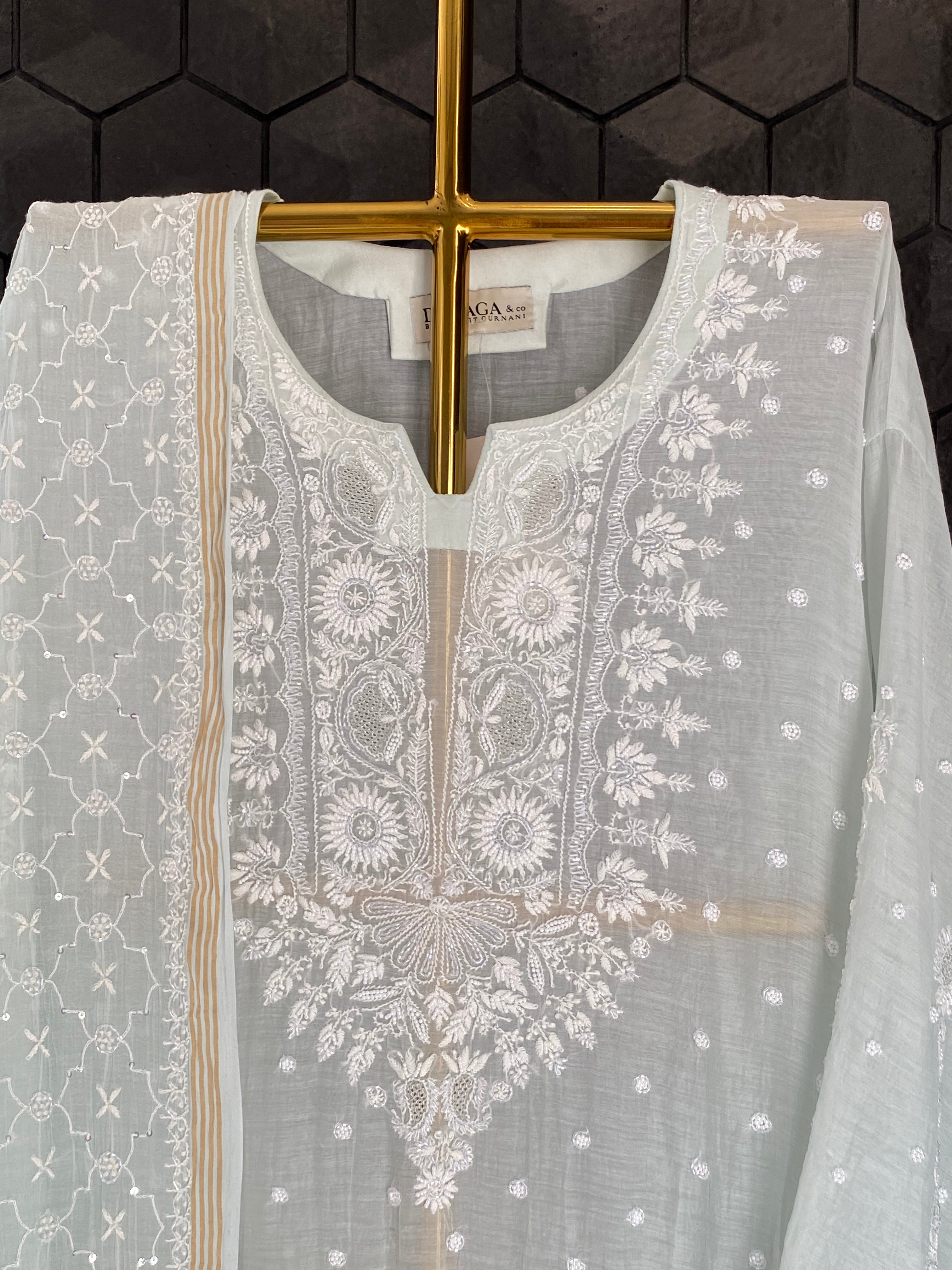 Sea Green Mul Chanderi Chikankari Kurta Set