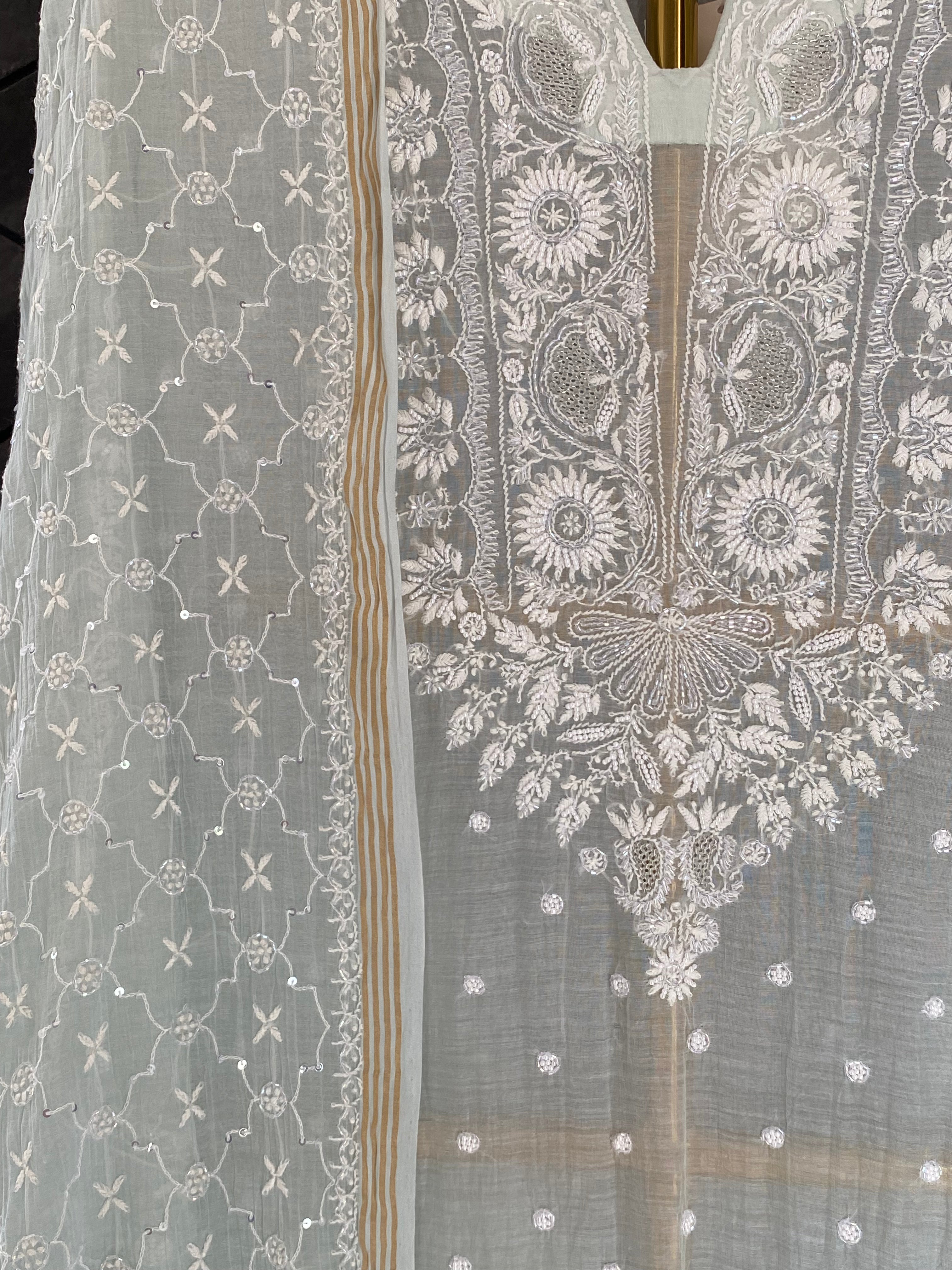 Sea Green Mul Chanderi Chikankari Kurta Set