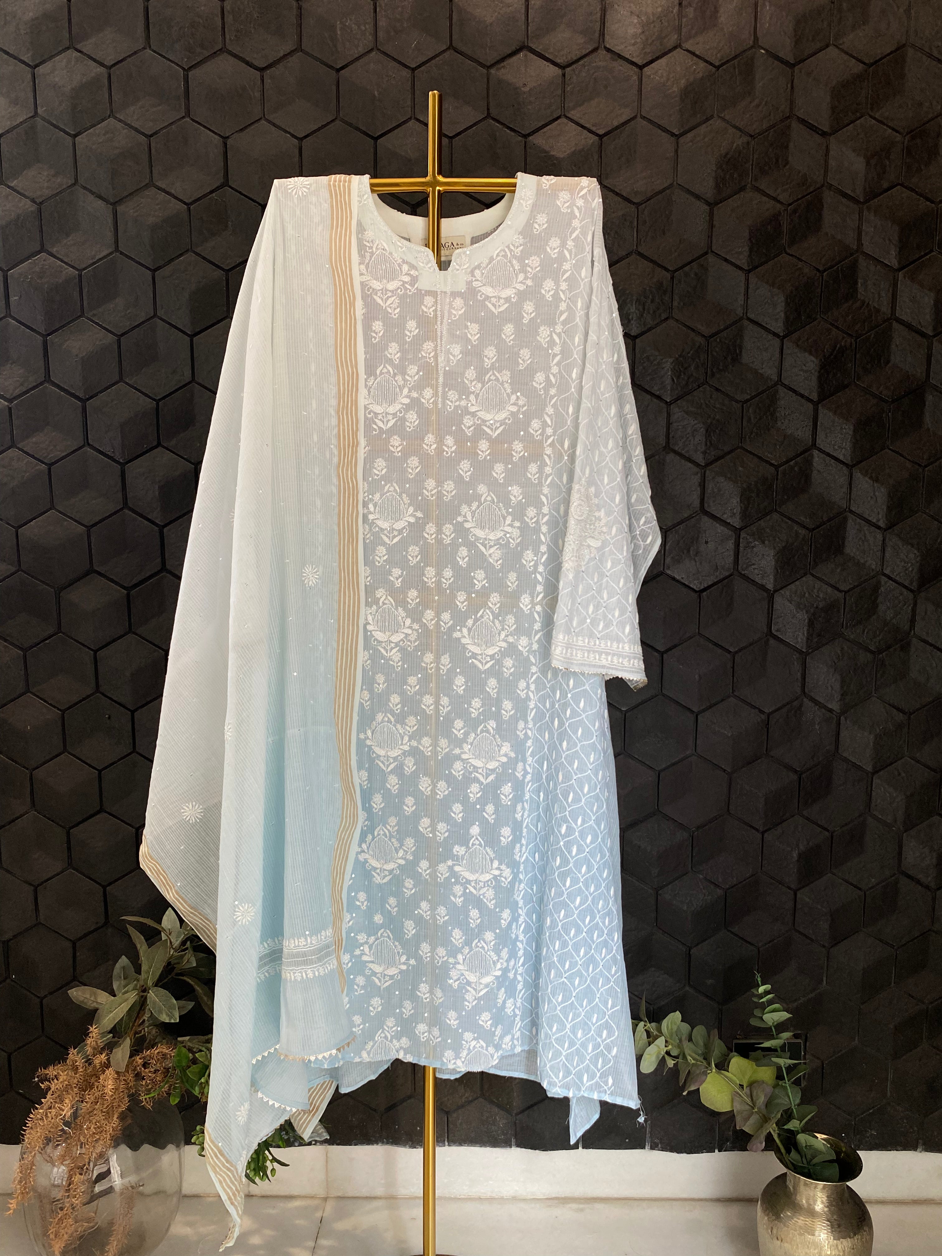 Sky Blue Maheshwari Chikankari Kurta Set