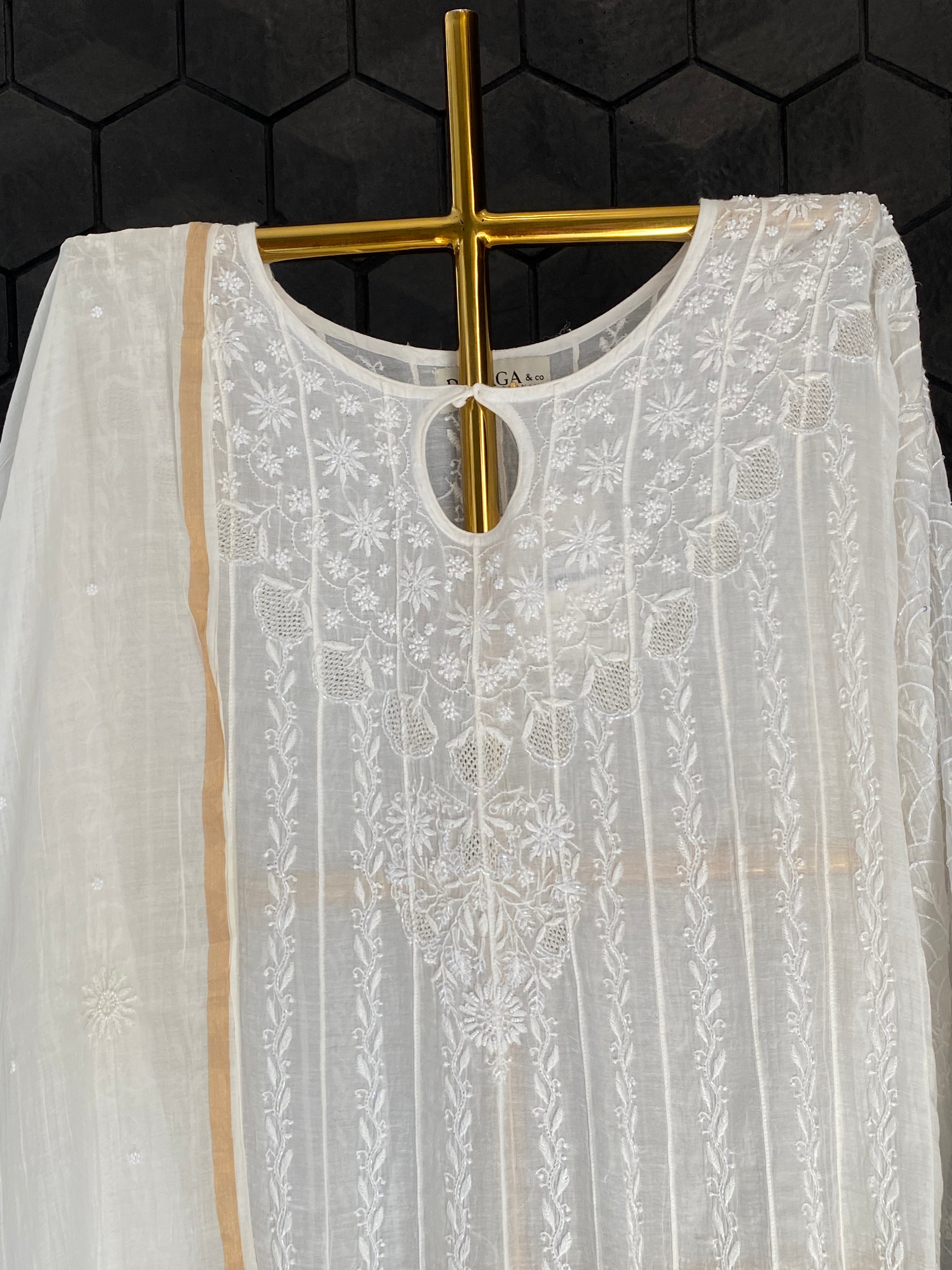 White Mul Chanderi Chikankari Anarkali Set