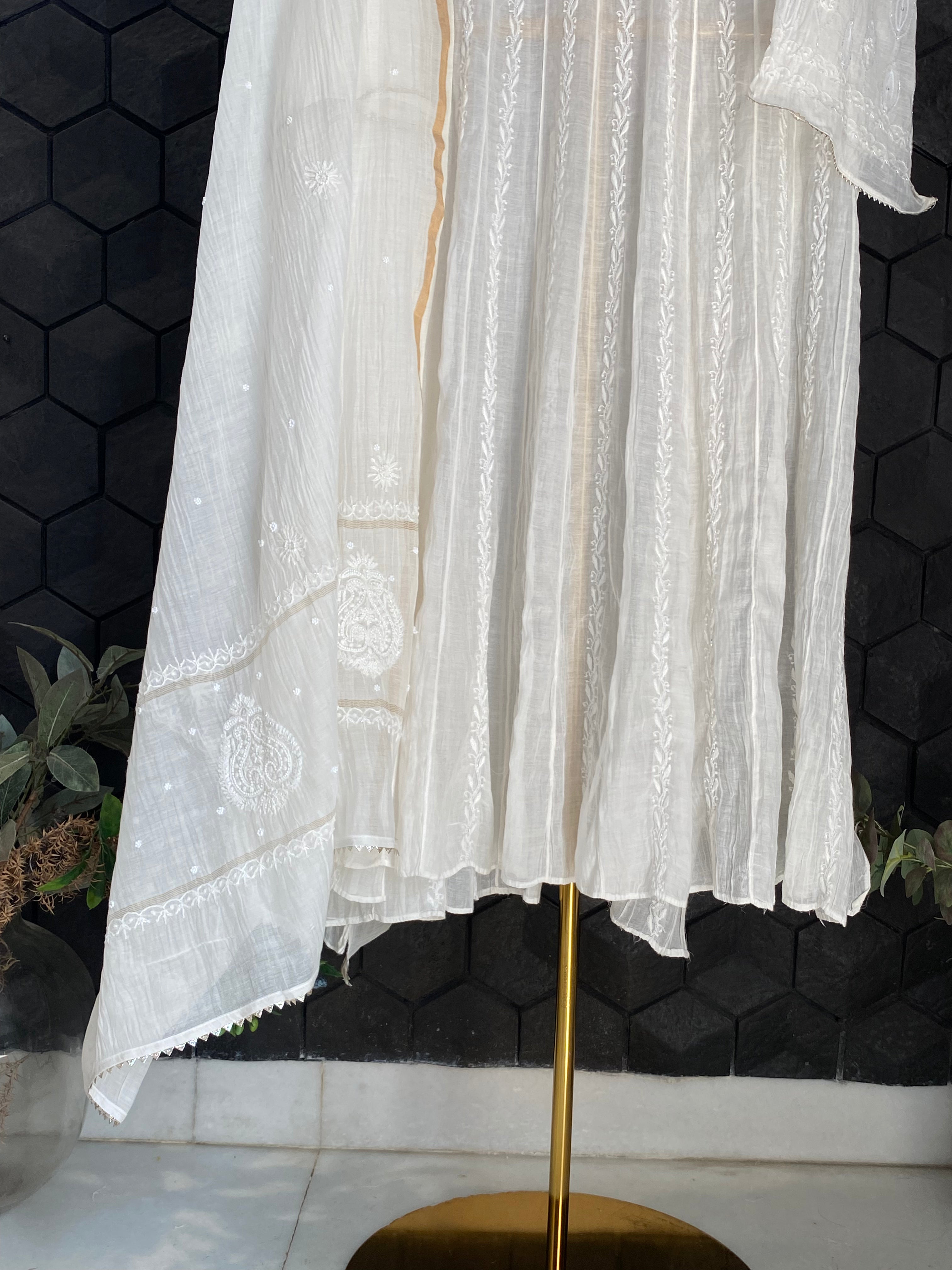 White Mul Chanderi Chikankari Anarkali Set