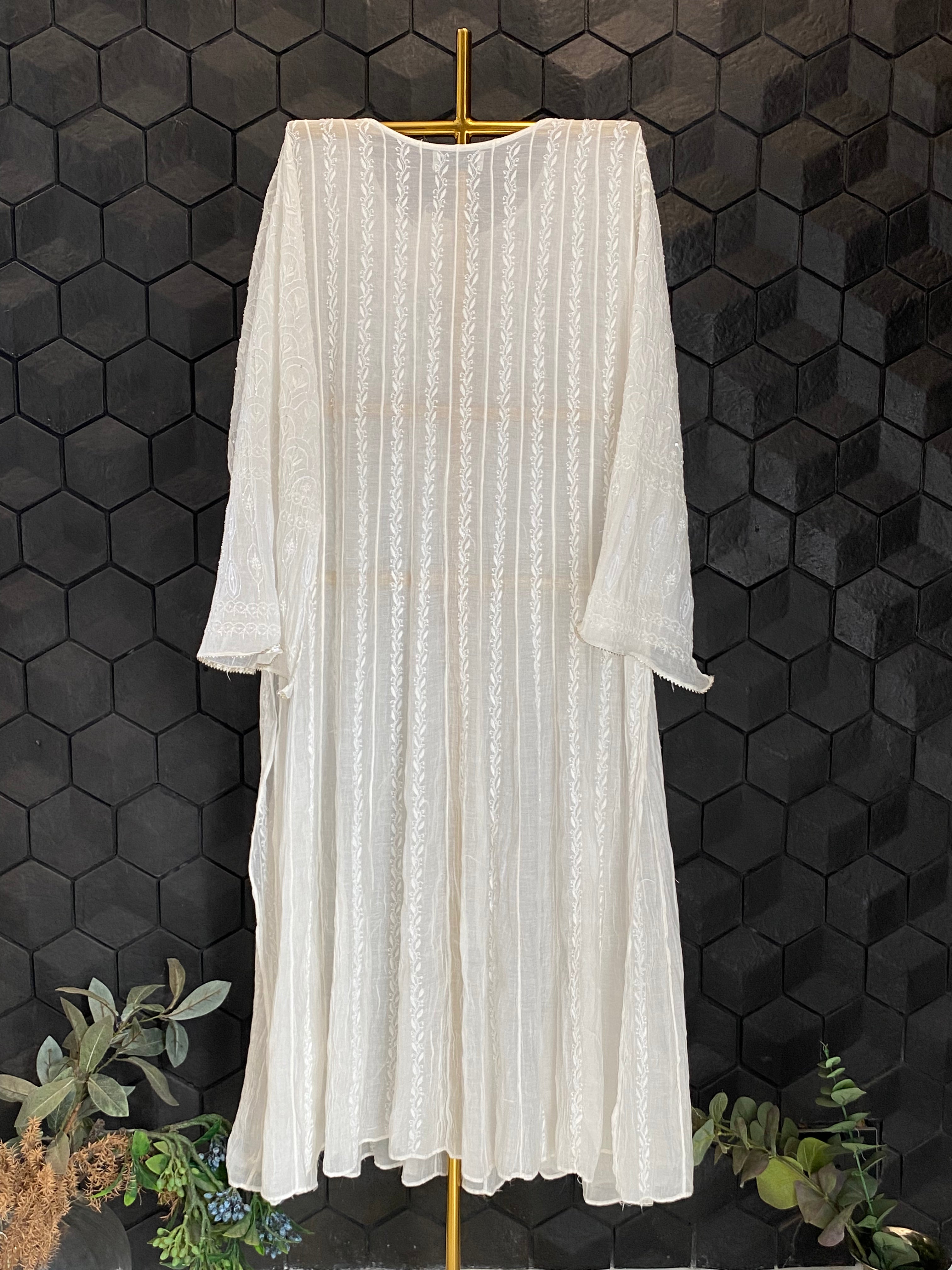 White Mul Chanderi Chikankari Anarkali Set