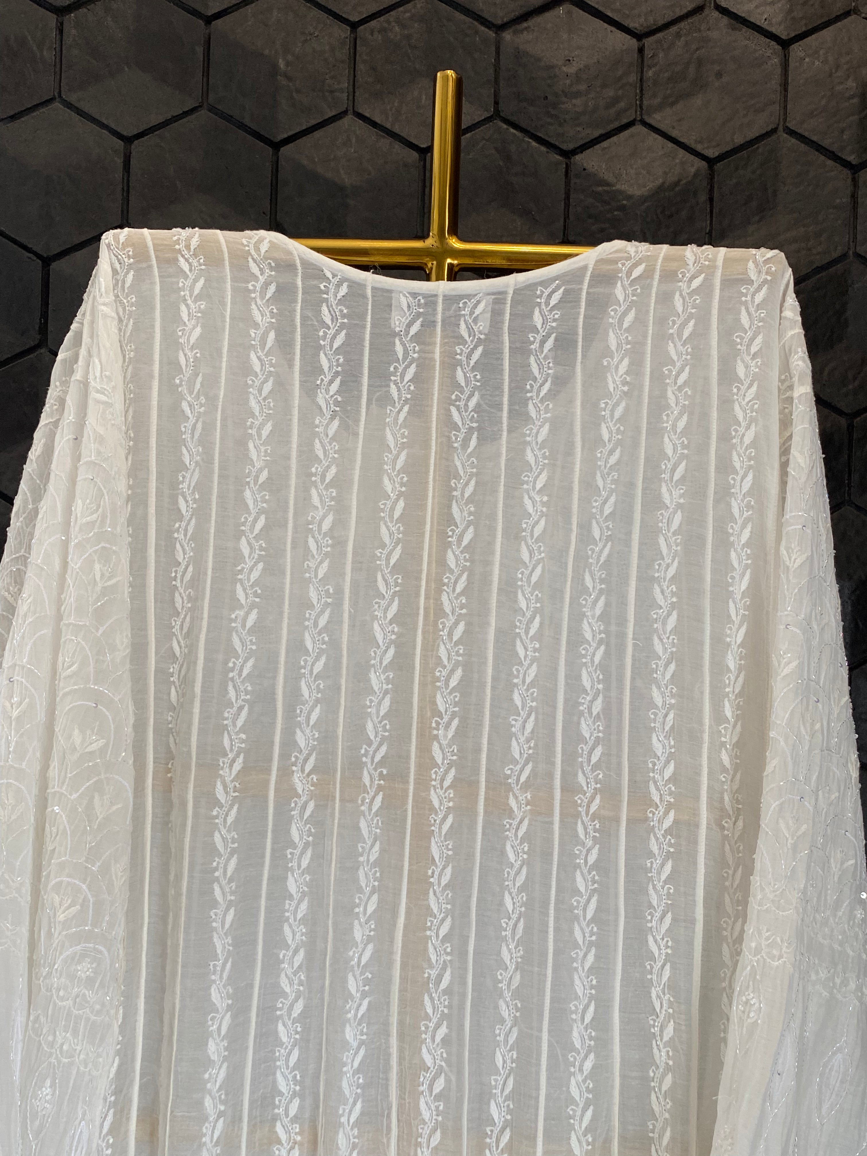 White Mul Chanderi Chikankari Anarkali Set