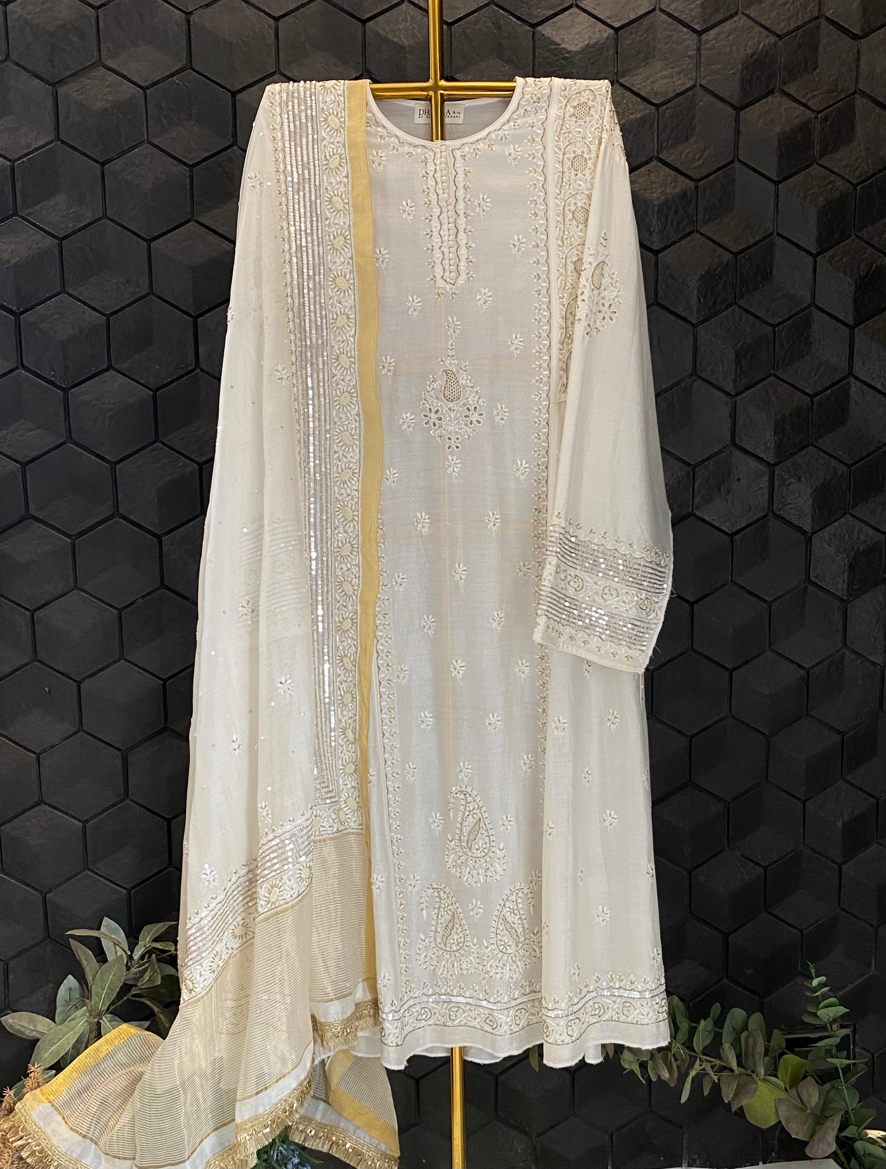 White Chikankari Anarkali Set with heavy sequins dupatta