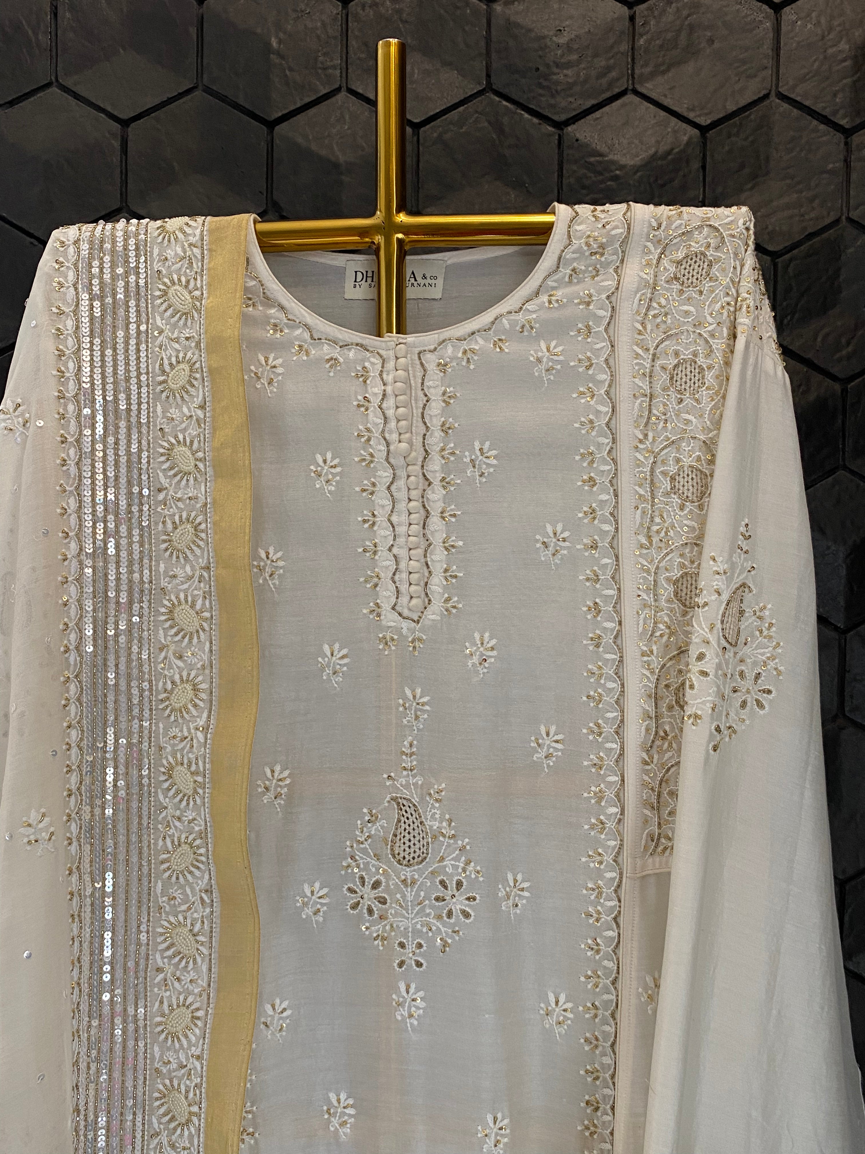 White Chikankari Anarkali Set with heavy sequins dupatta