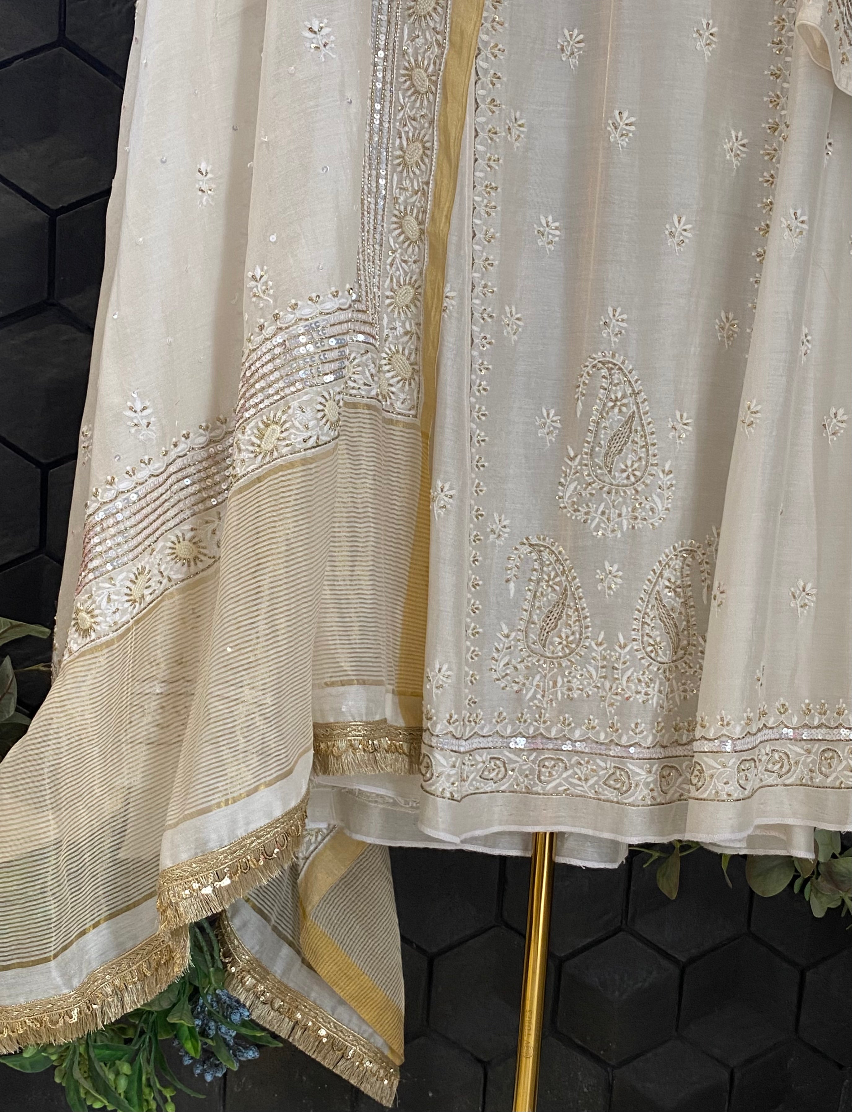 White Chikankari Anarkali Set with heavy sequins dupatta