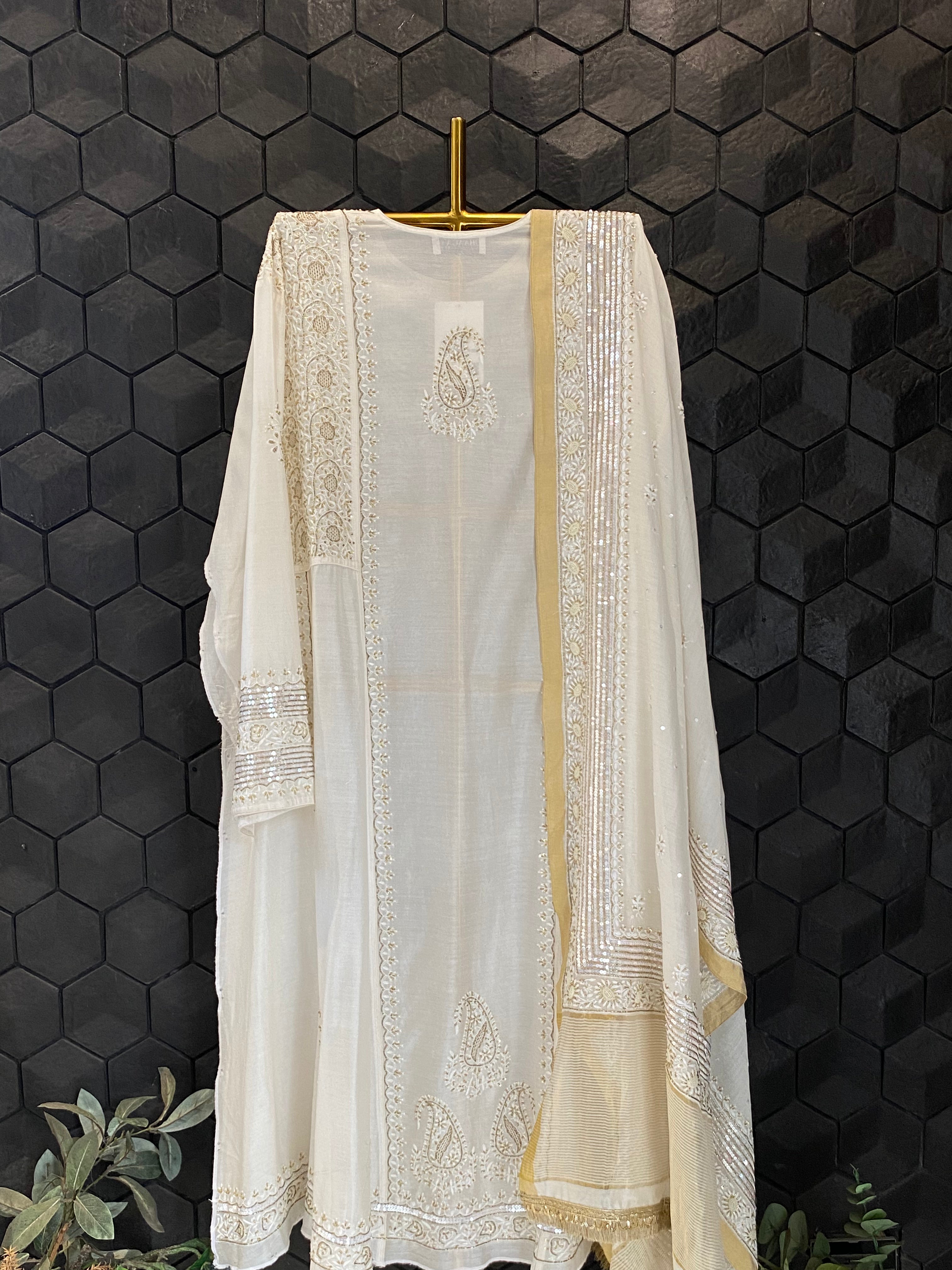White Chikankari Anarkali Set with heavy sequins dupatta