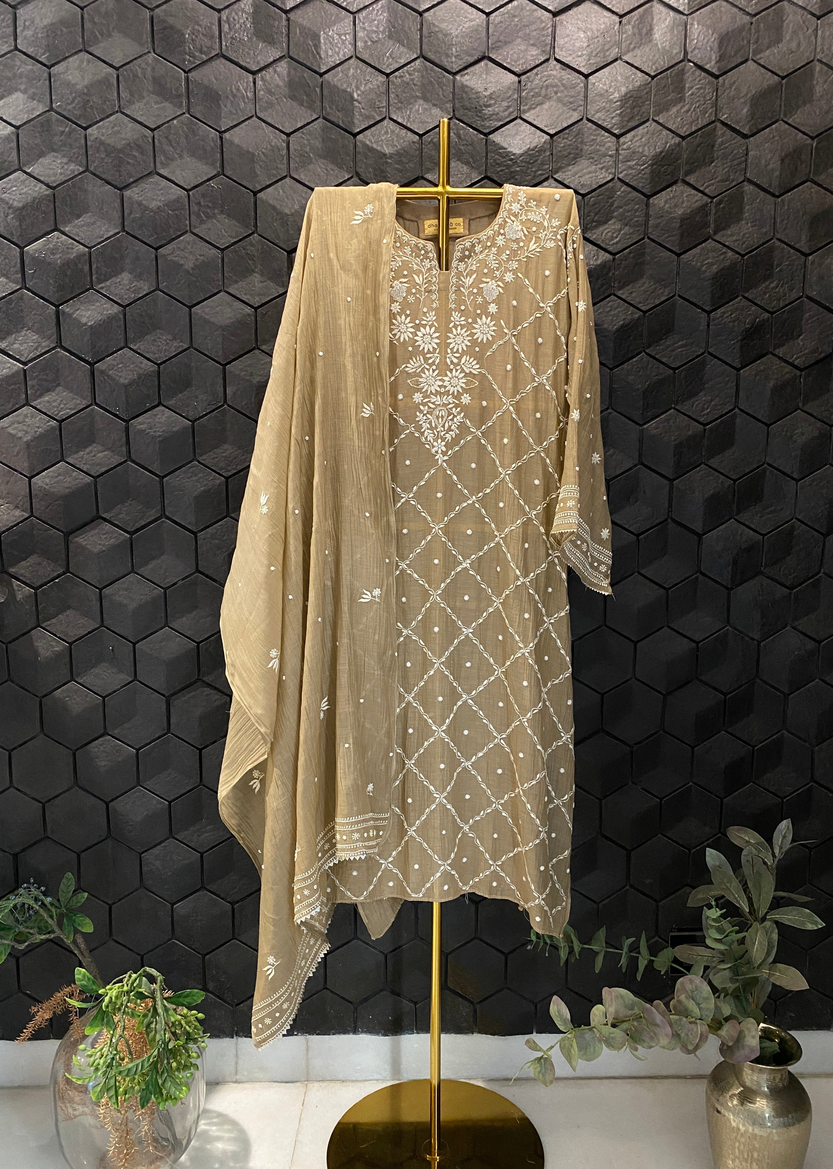 Brown Mul Chanderi Chikankari Kurta Set