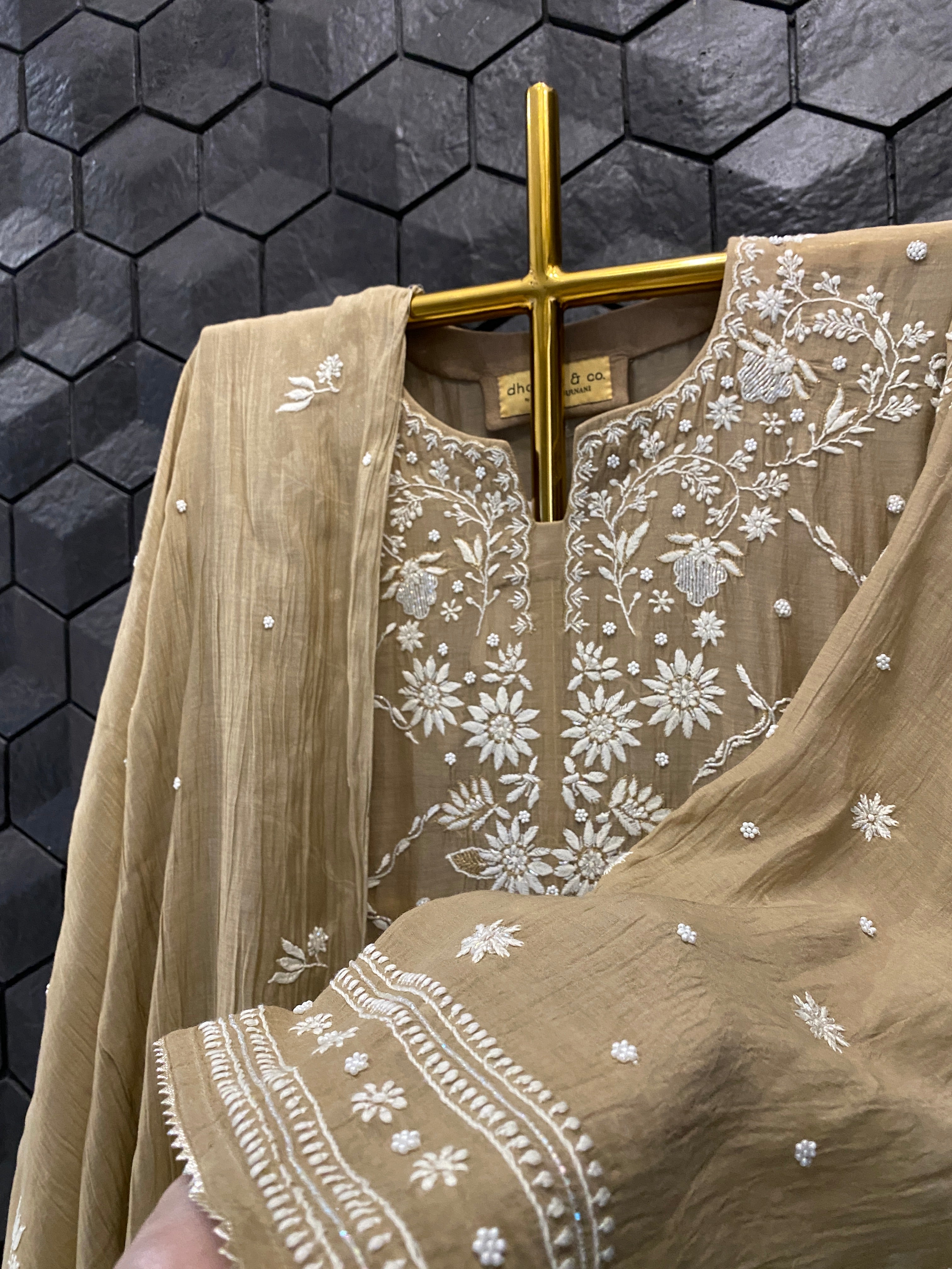 Brown Mul Chanderi Chikankari Kurta Set