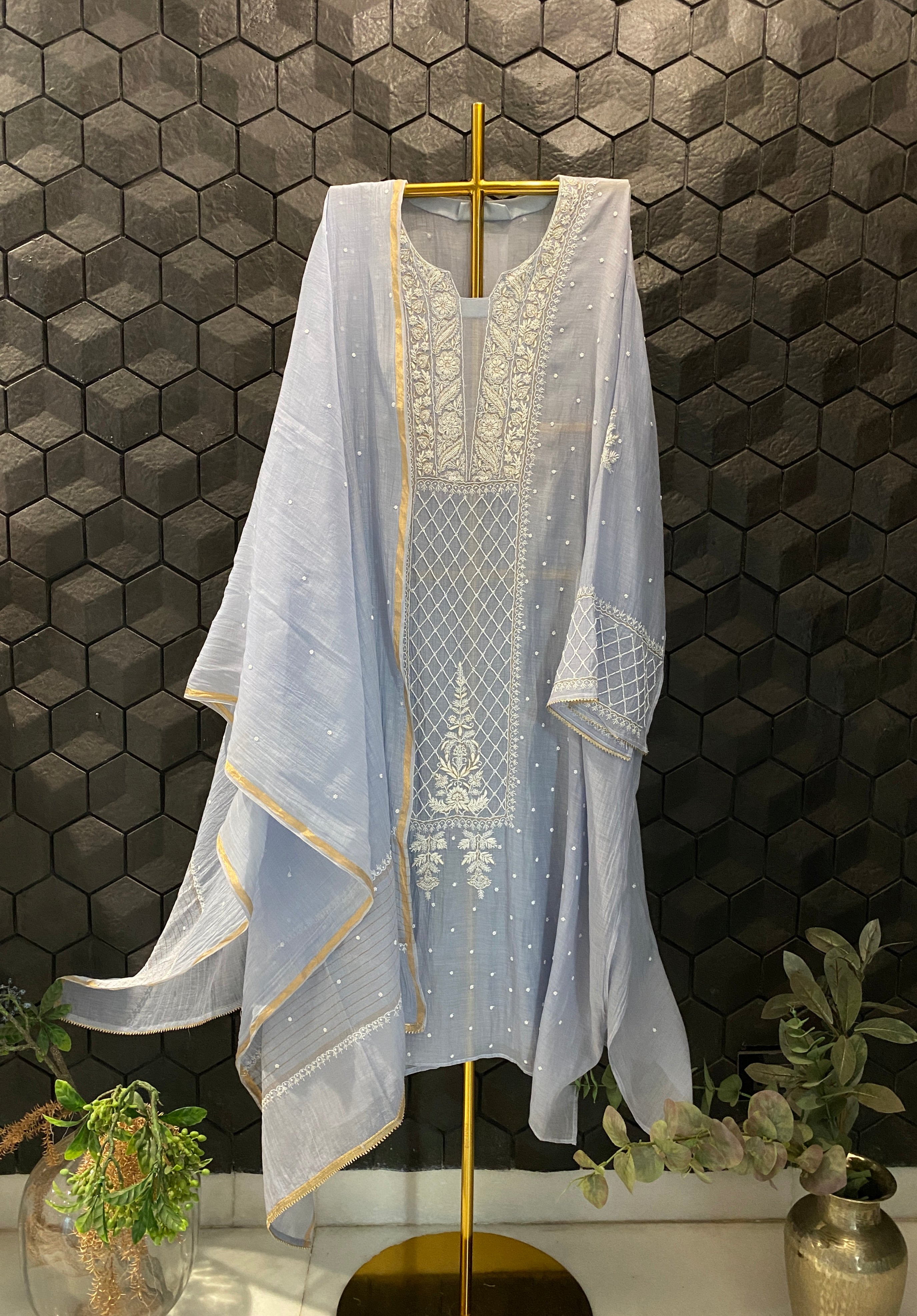 Ash Blue Mul Chanderi Chikankari Kurta Set