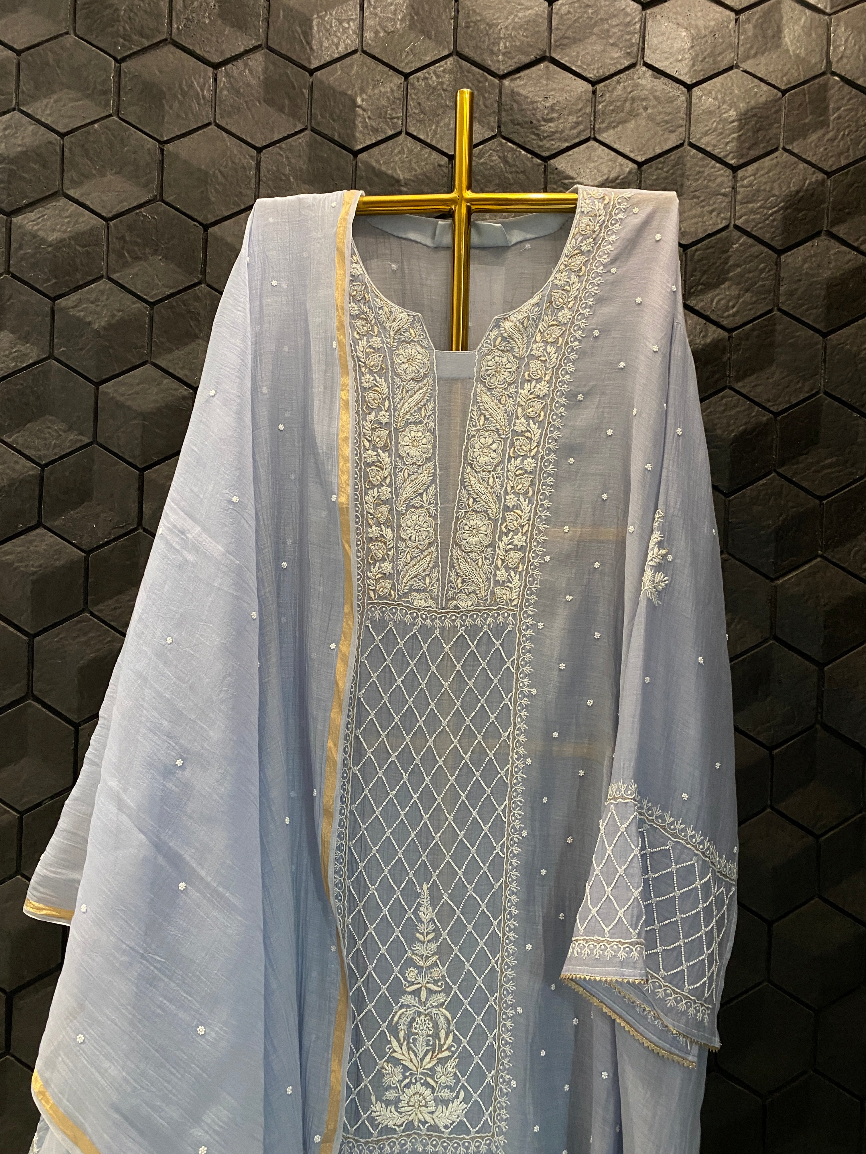 Ash Blue Mul Chanderi Chikankari Kurta Set