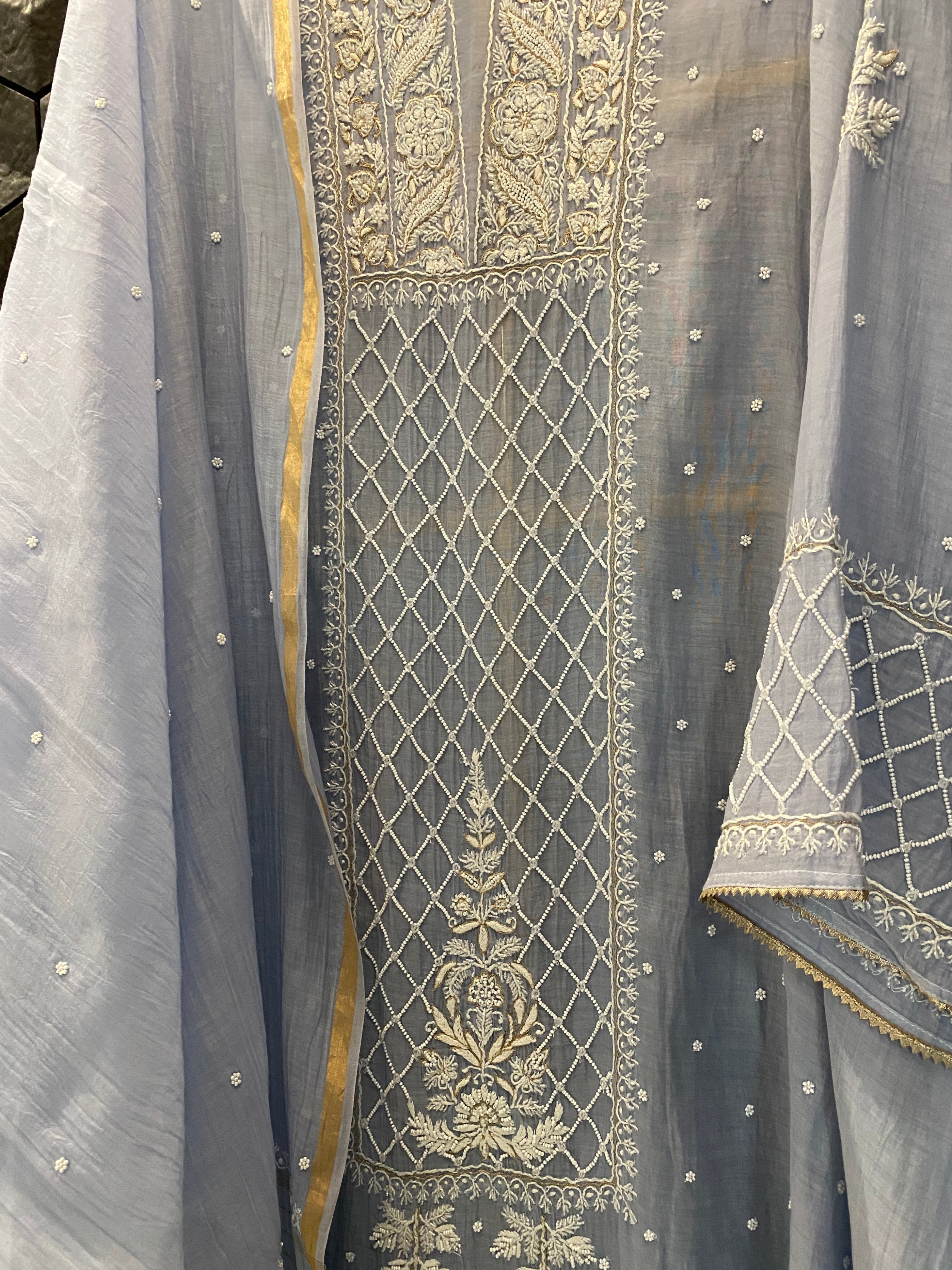 Ash Blue Mul Chanderi Chikankari Kurta Set