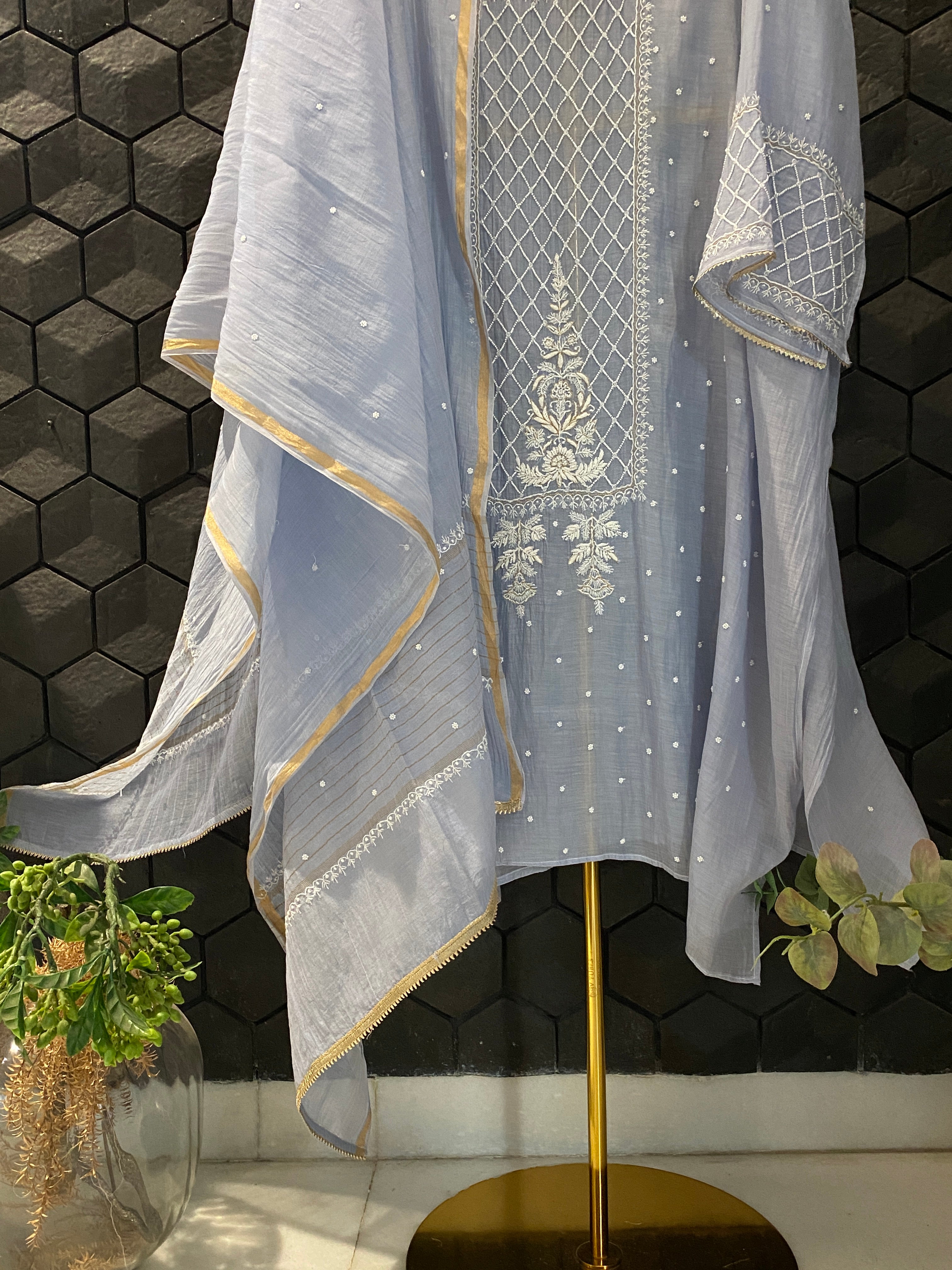 Ash Blue Mul Chanderi Chikankari Kurta Set