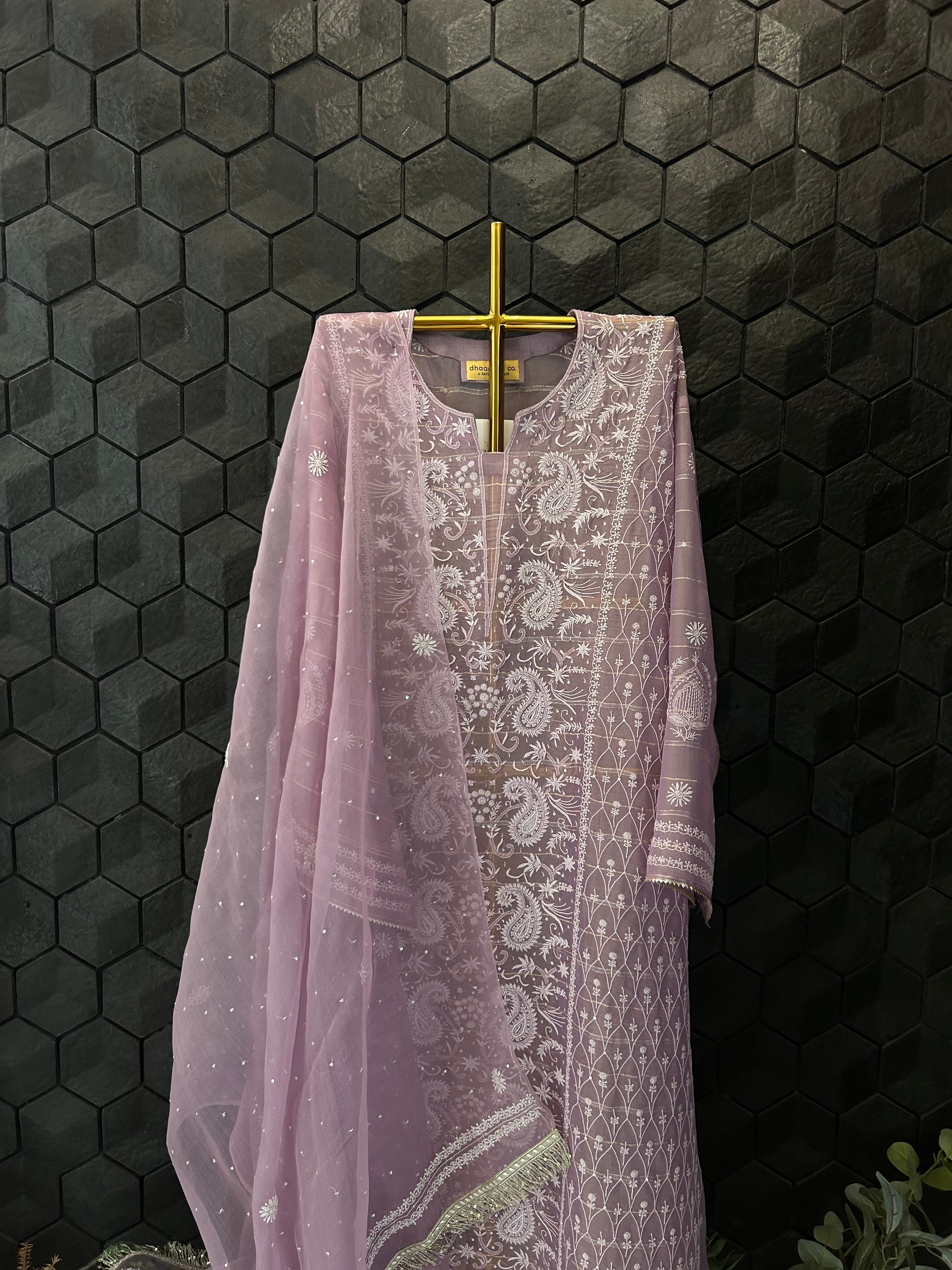 Lavender Organza Chikankari Suit Set