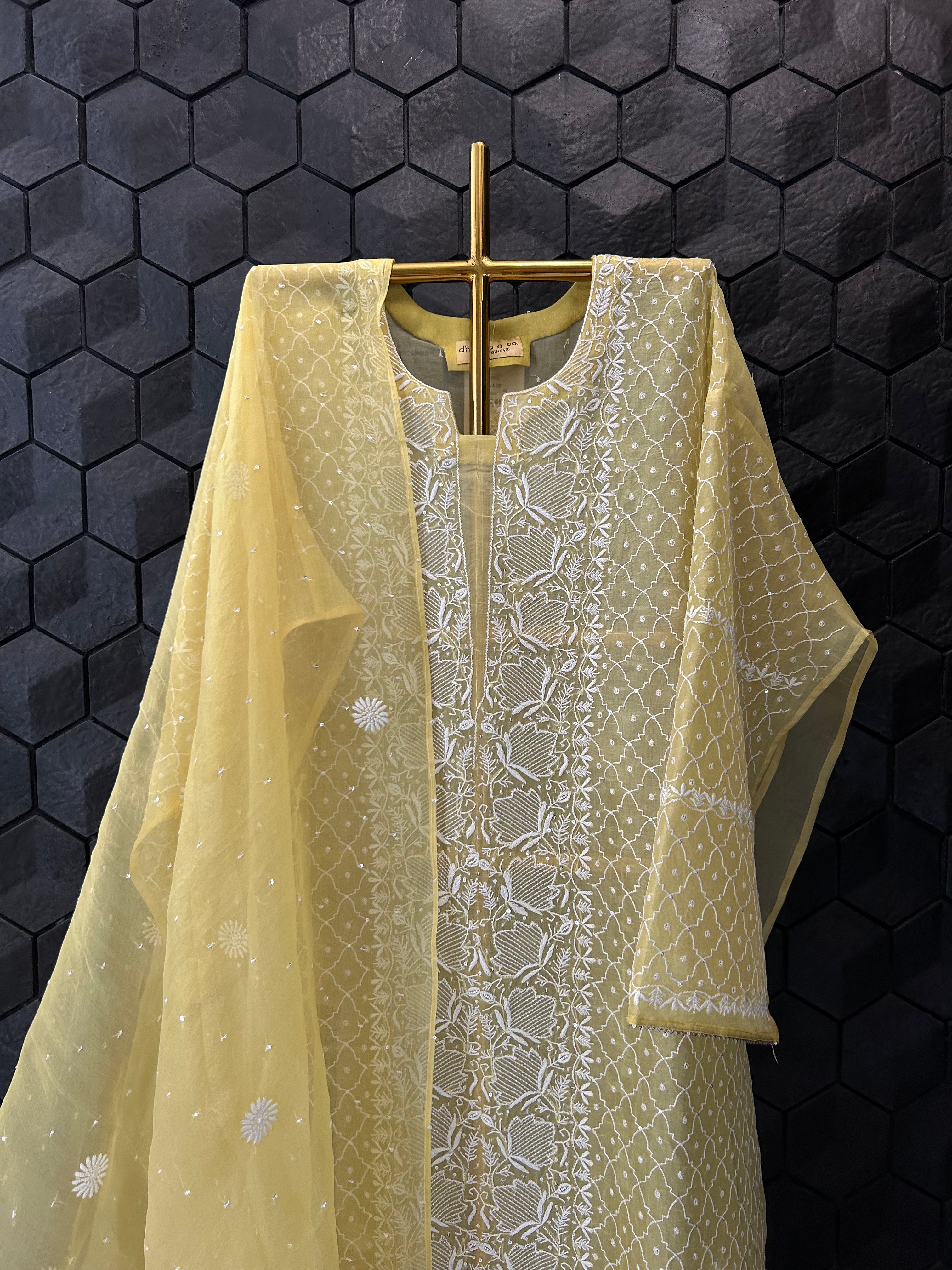 Yellow Organza Chikankari Suit Set