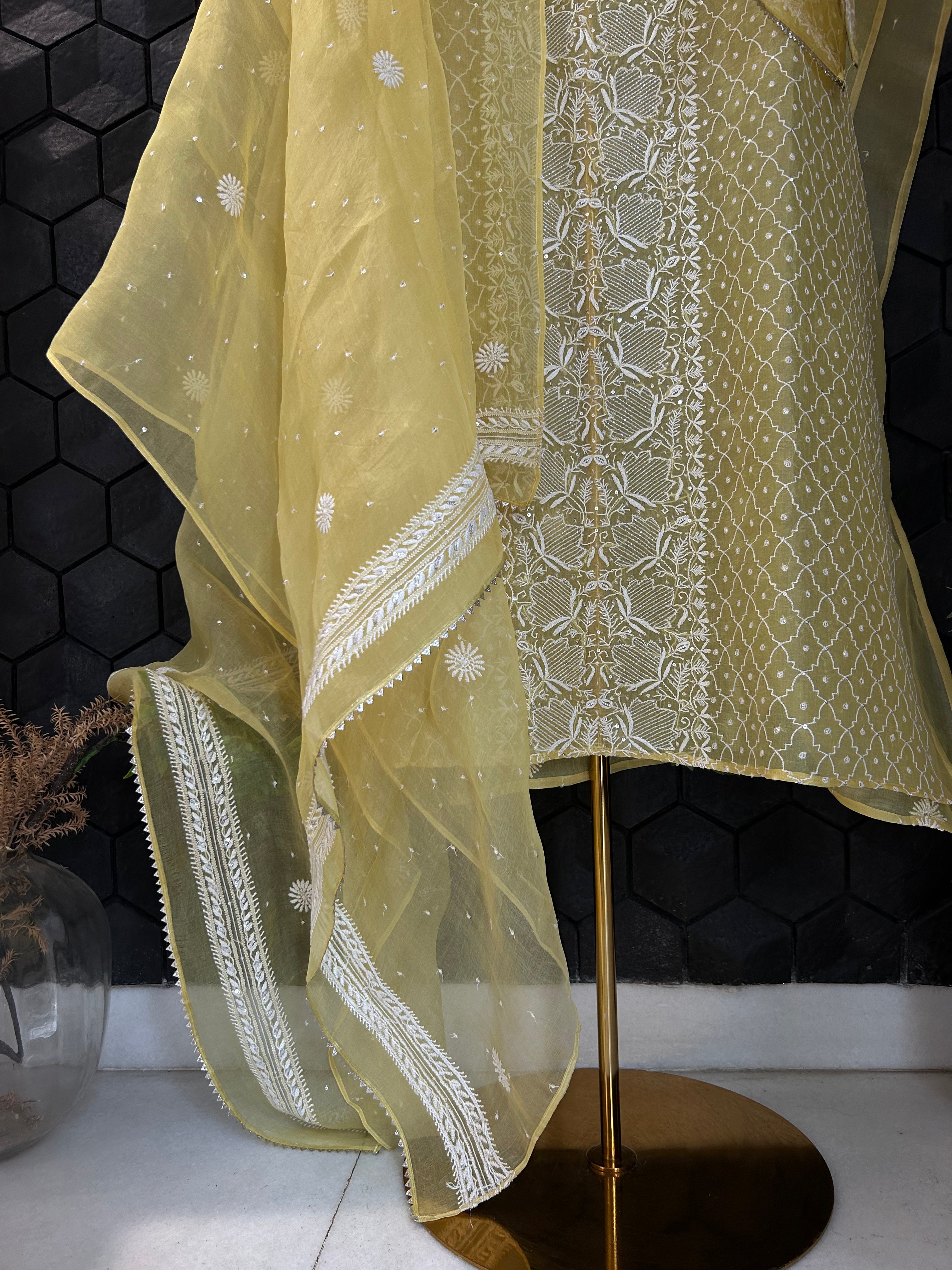 Yellow Organza Chikankari Suit Set