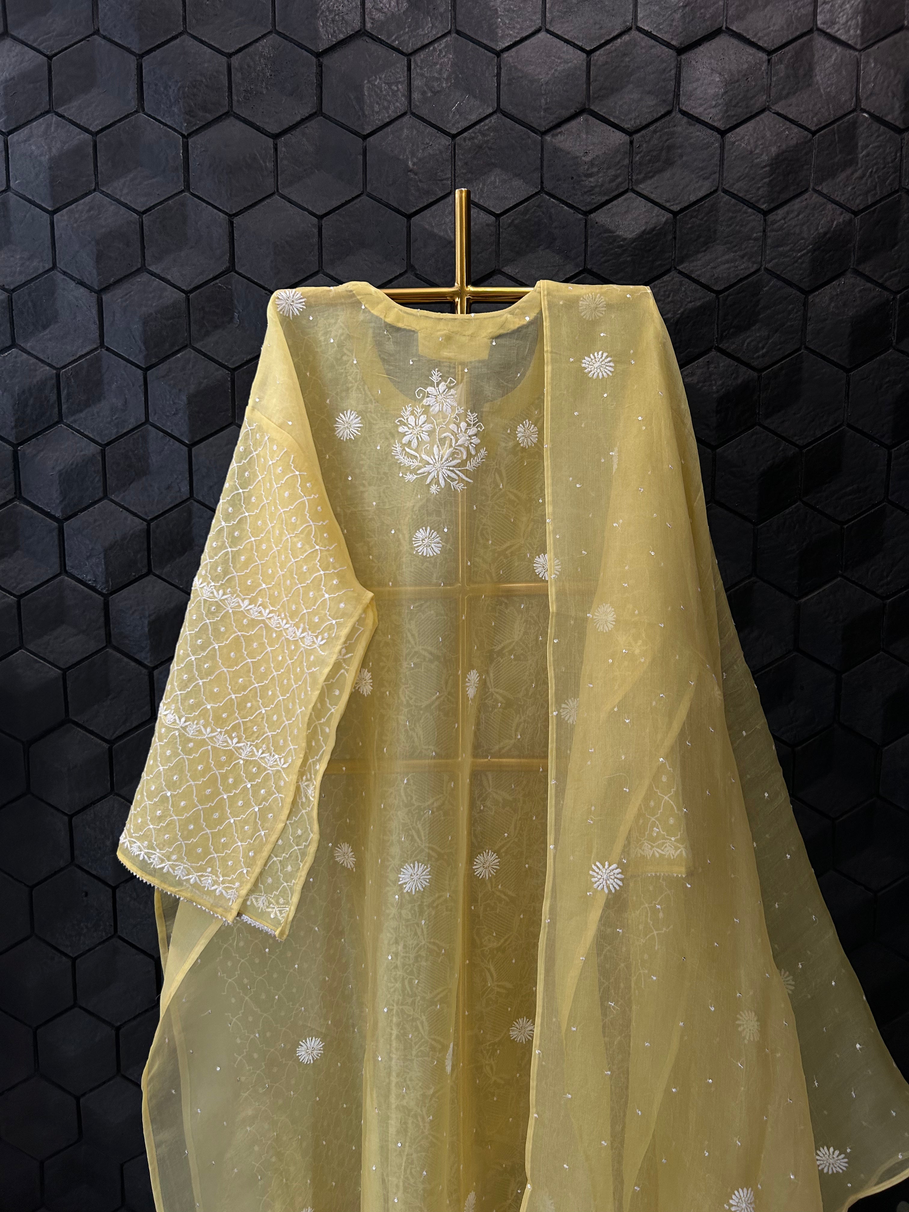 Yellow Organza Chikankari Suit Set