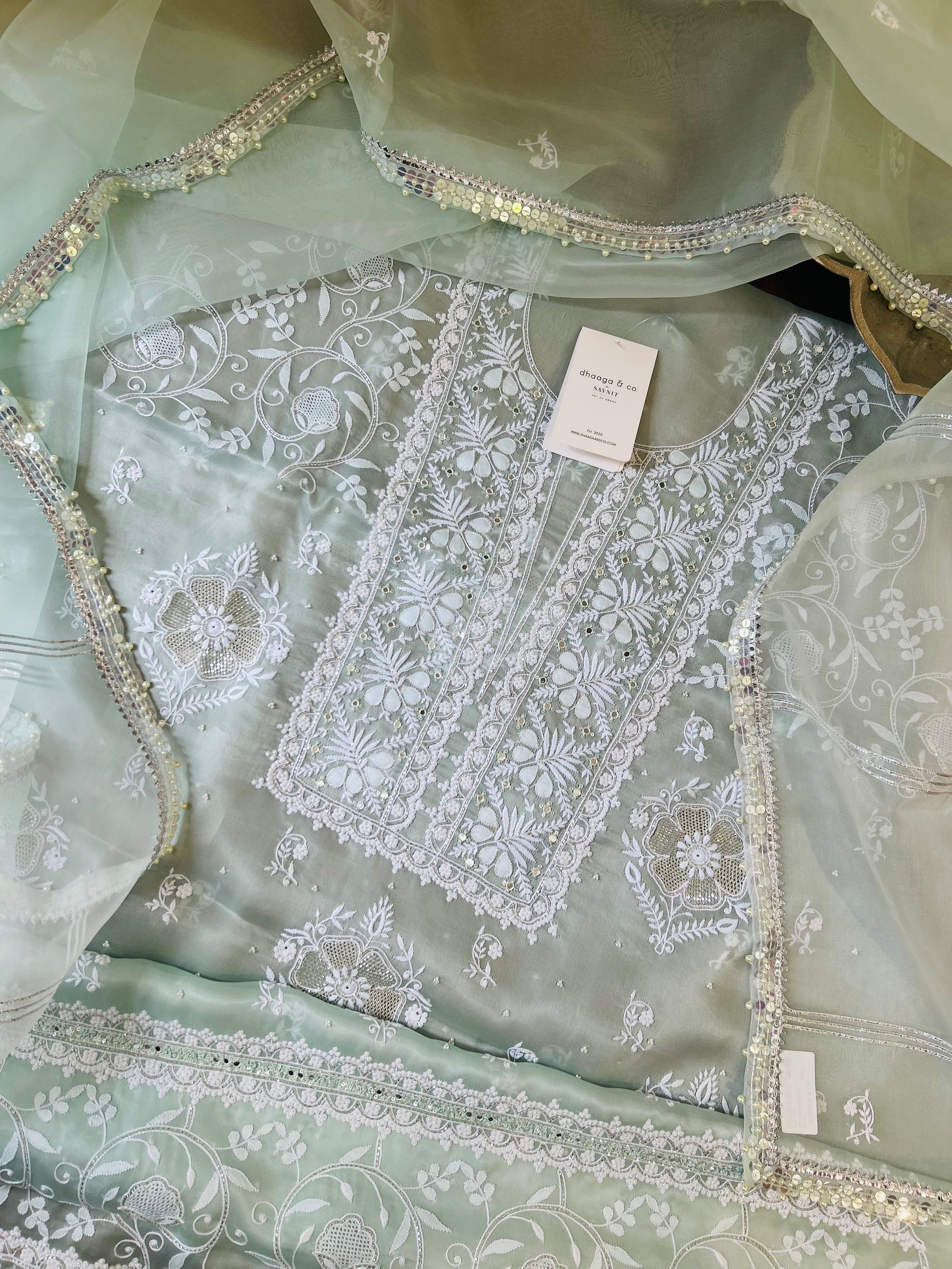 Premium Sea Green Organza Chikankari suit Set