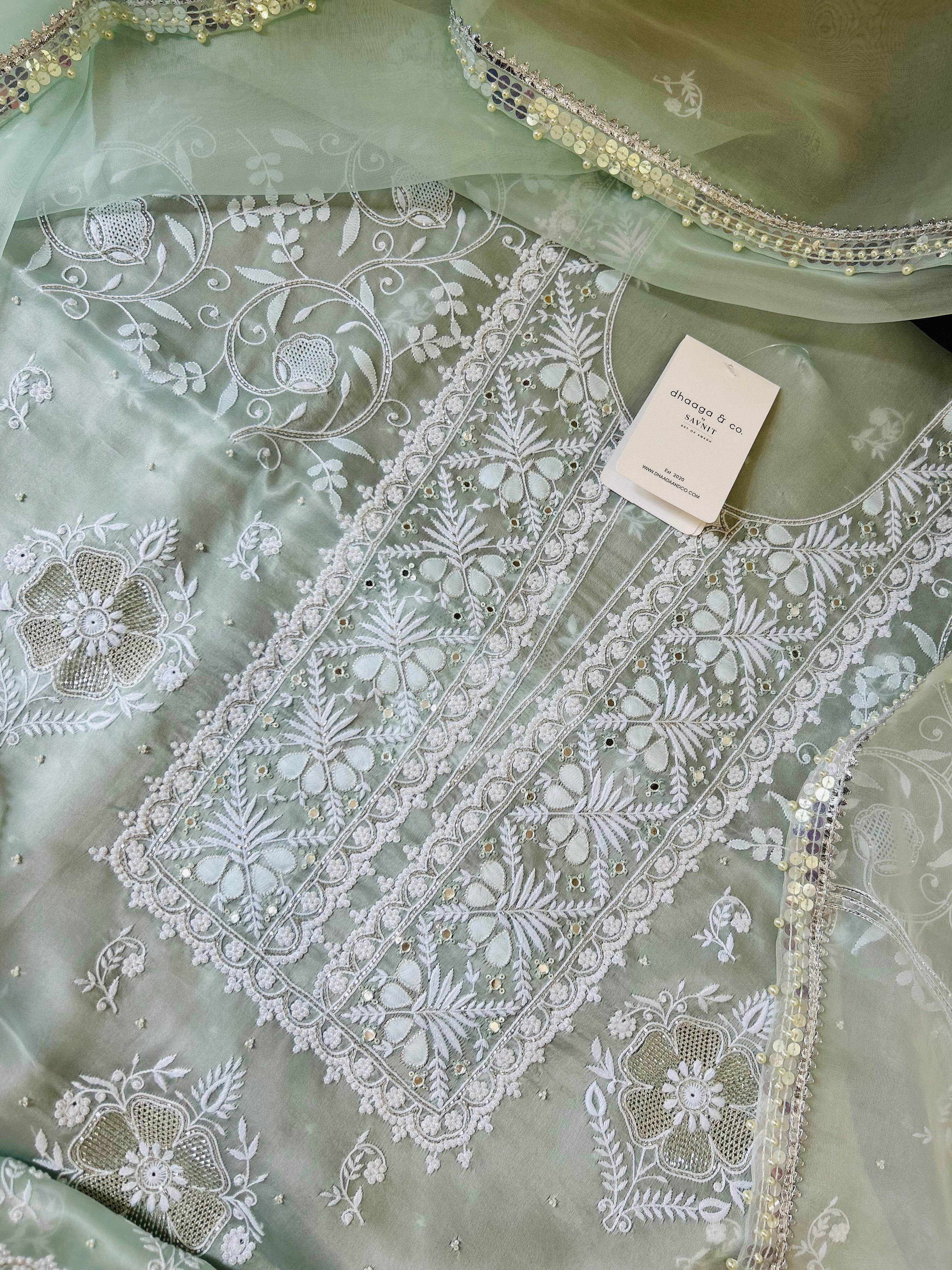 Premium Sea Green Organza Chikankari suit Set