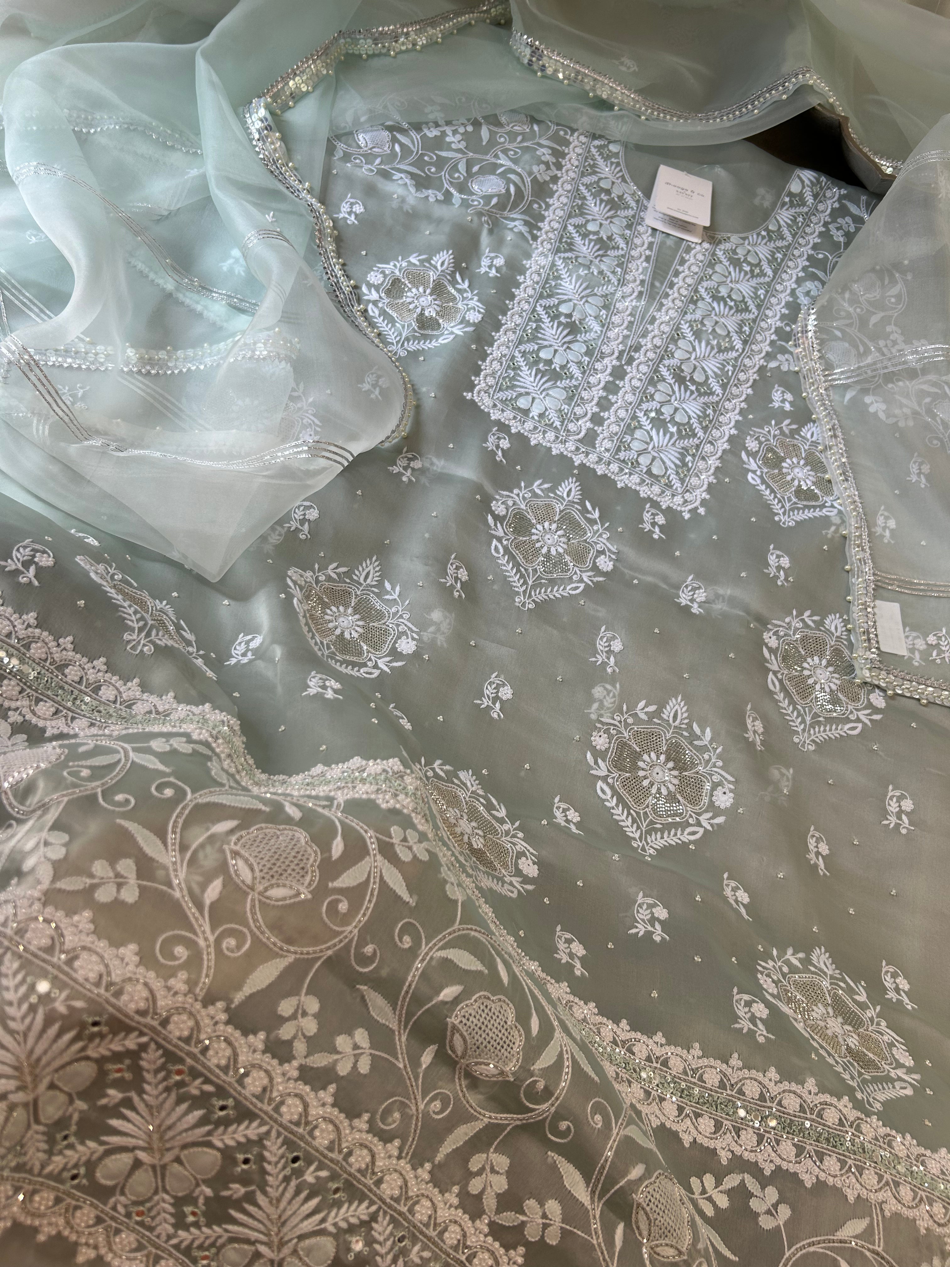 Premium Sea Green Organza Chikankari suit Set