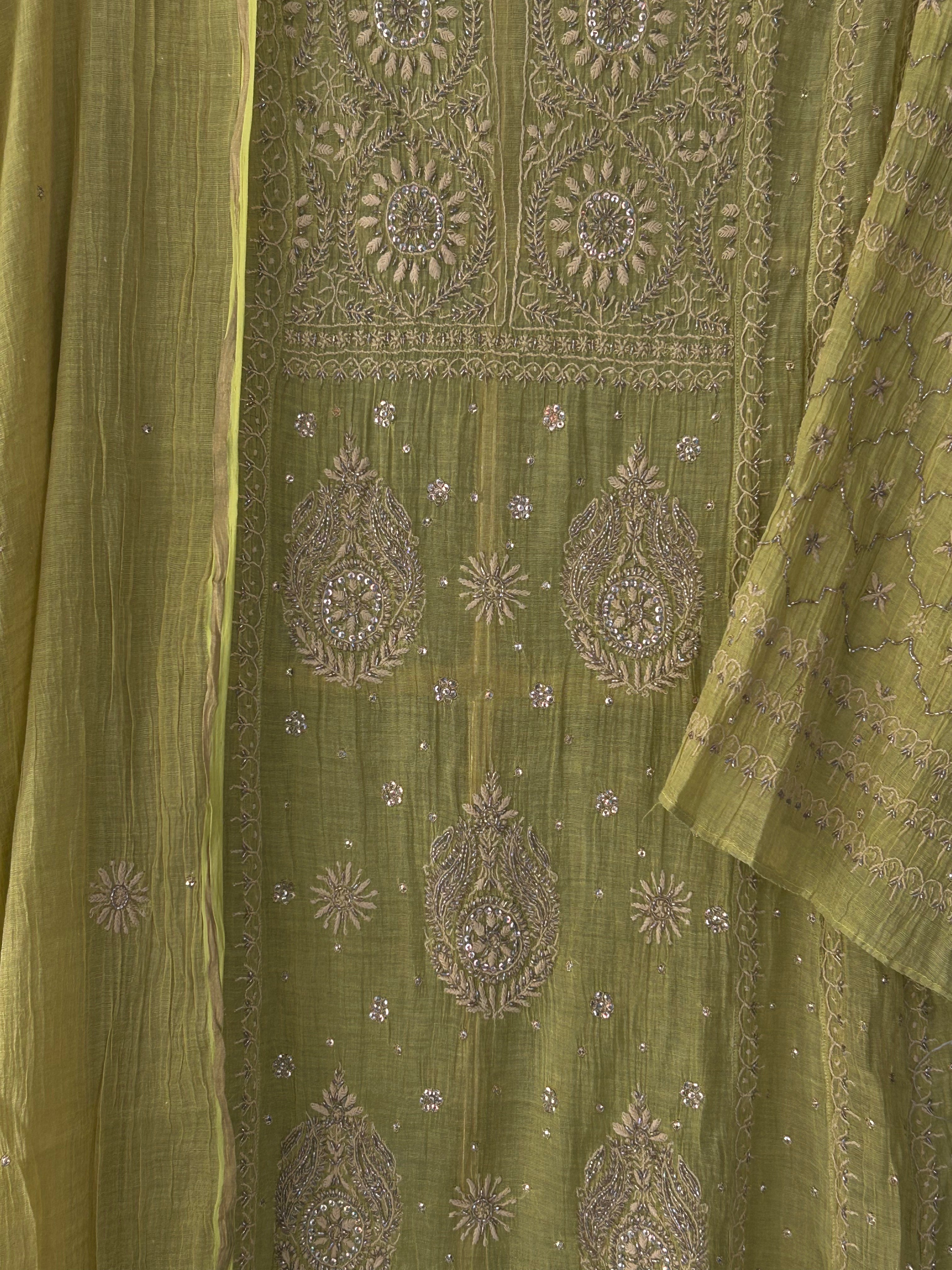 Lime Green Tissue Chikankari And Zari Kurta Set