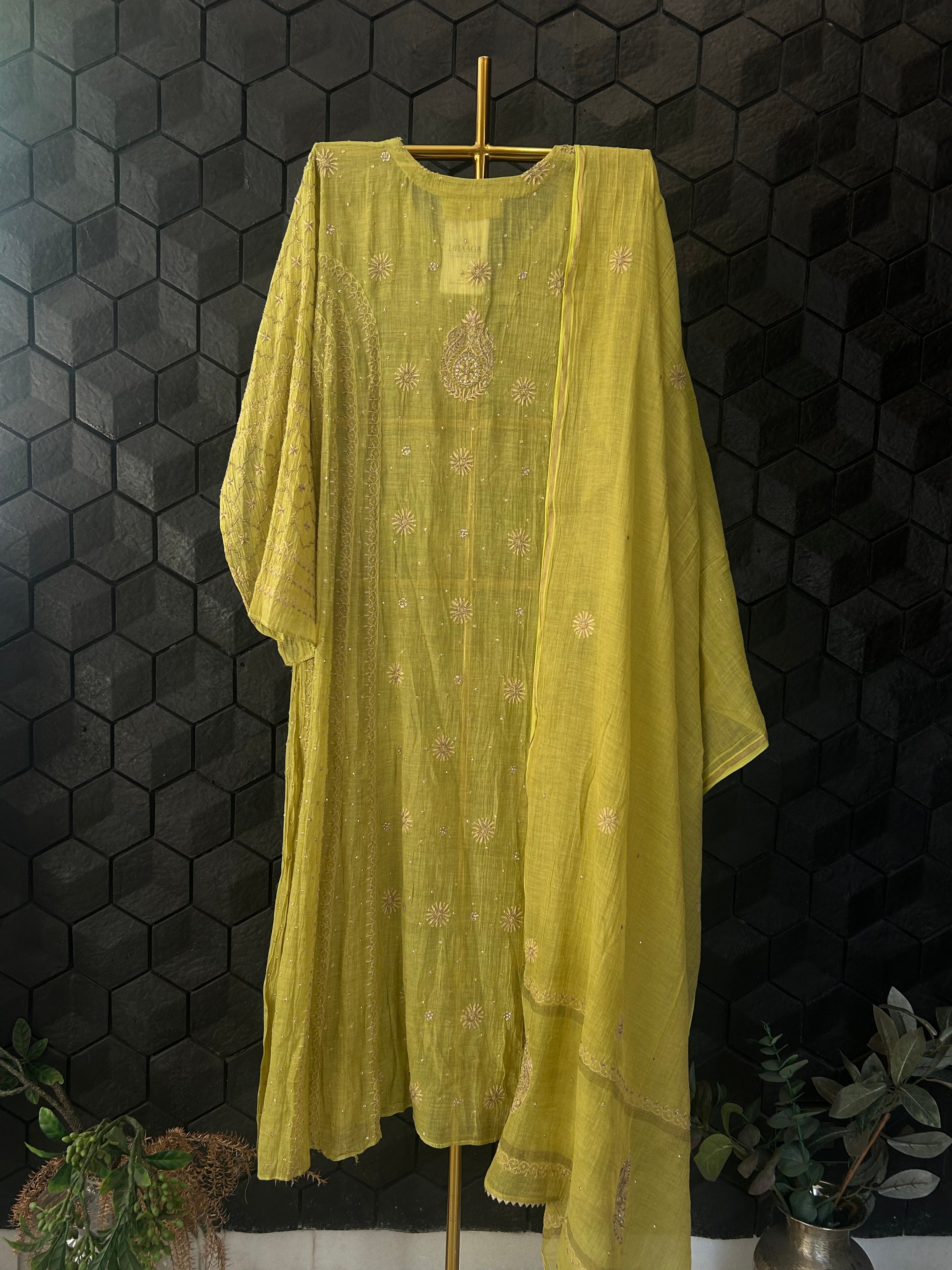 Lime Green Tissue Chikankari And Zari Kurta Set