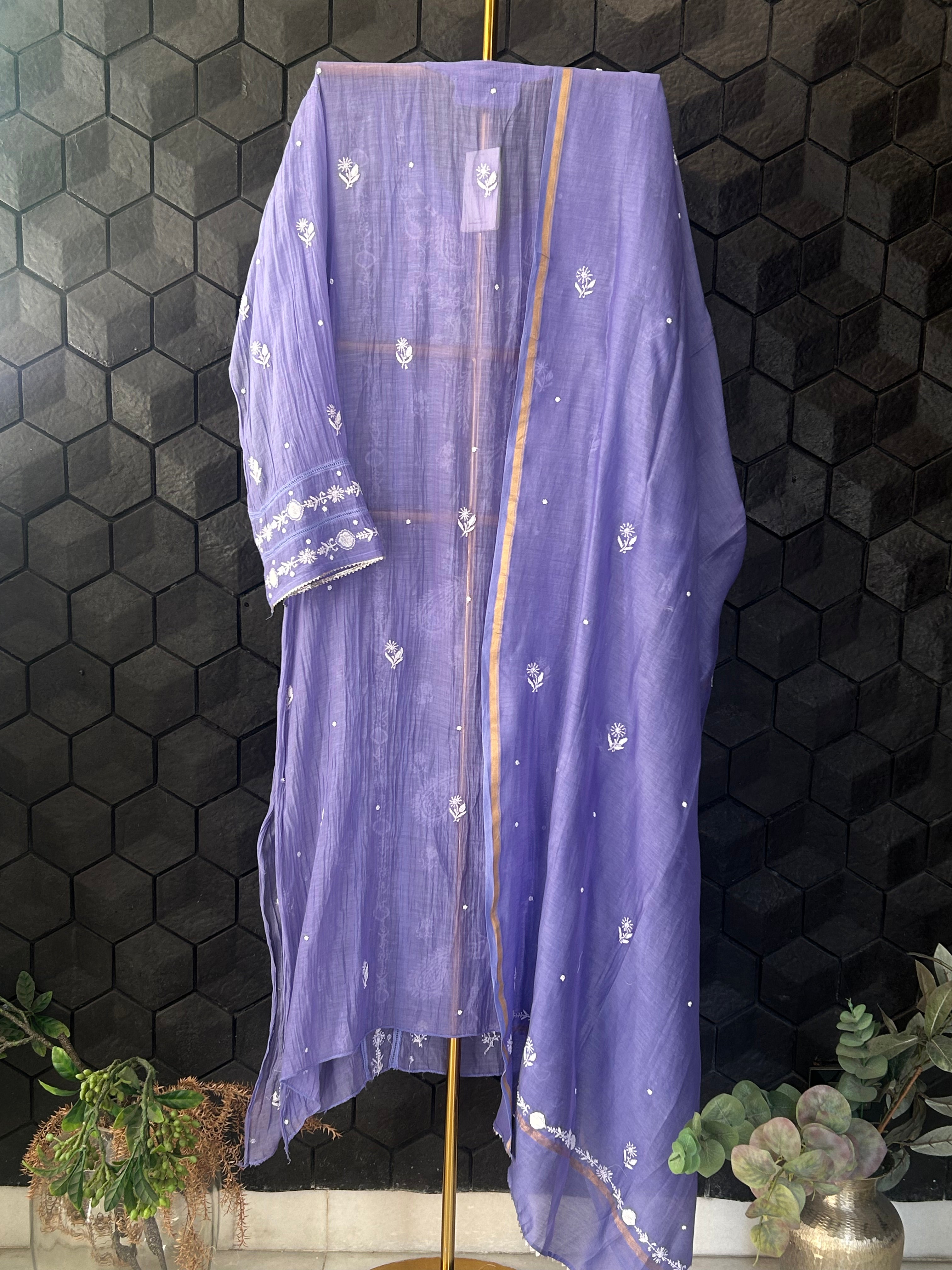 New Purple Mul Chanderi Chikankari Kurta Set