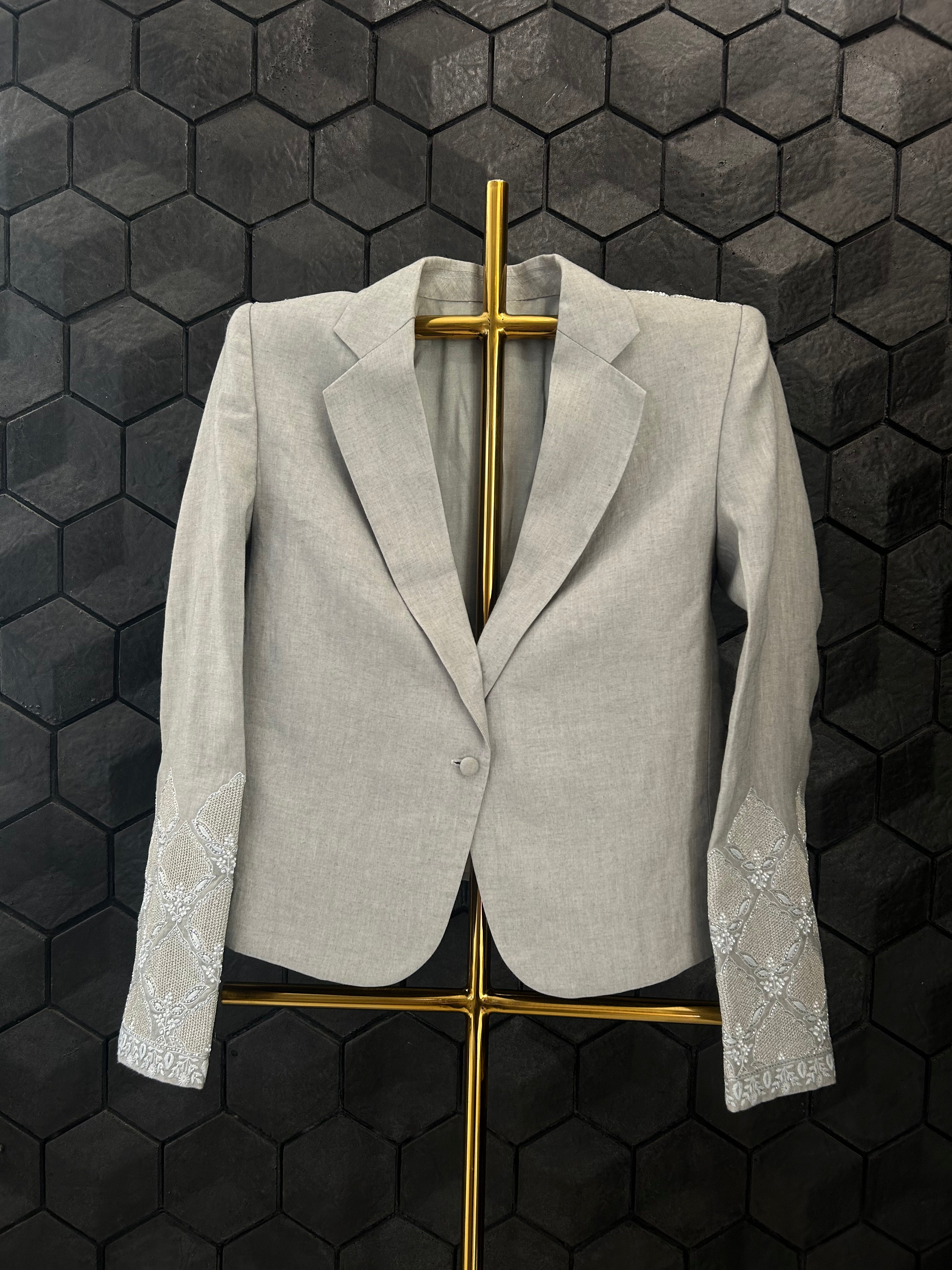 Premium Grey Linen Chikankari Blazer Set