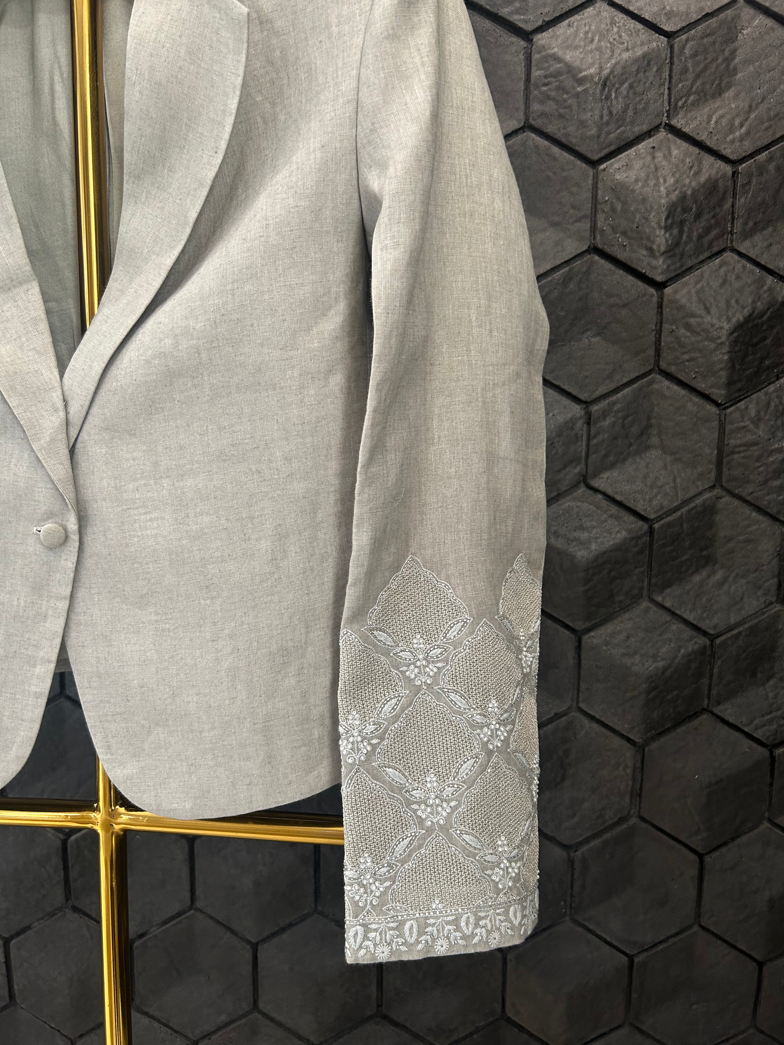 Premium Grey Linen Chikankari Blazer Set