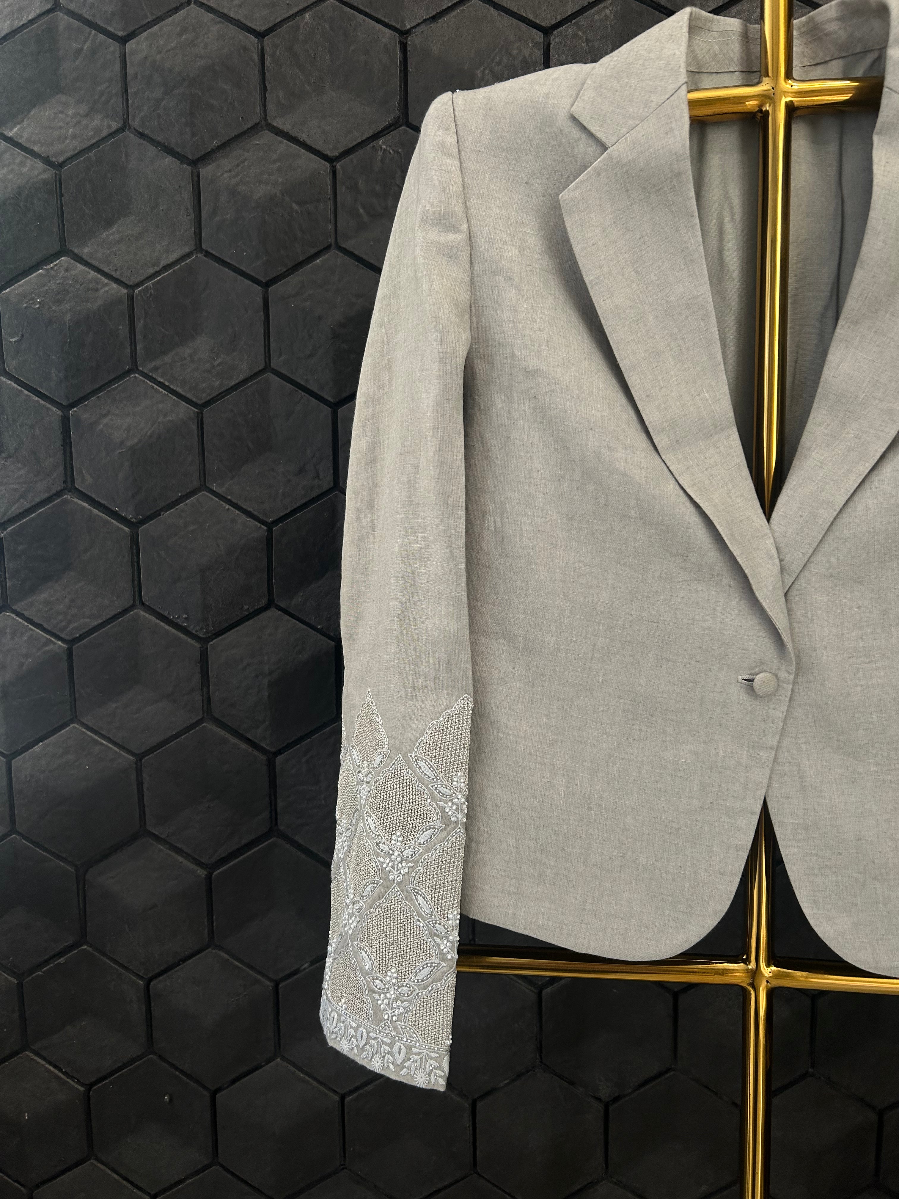 Premium Grey Linen Chikankari Blazer Set