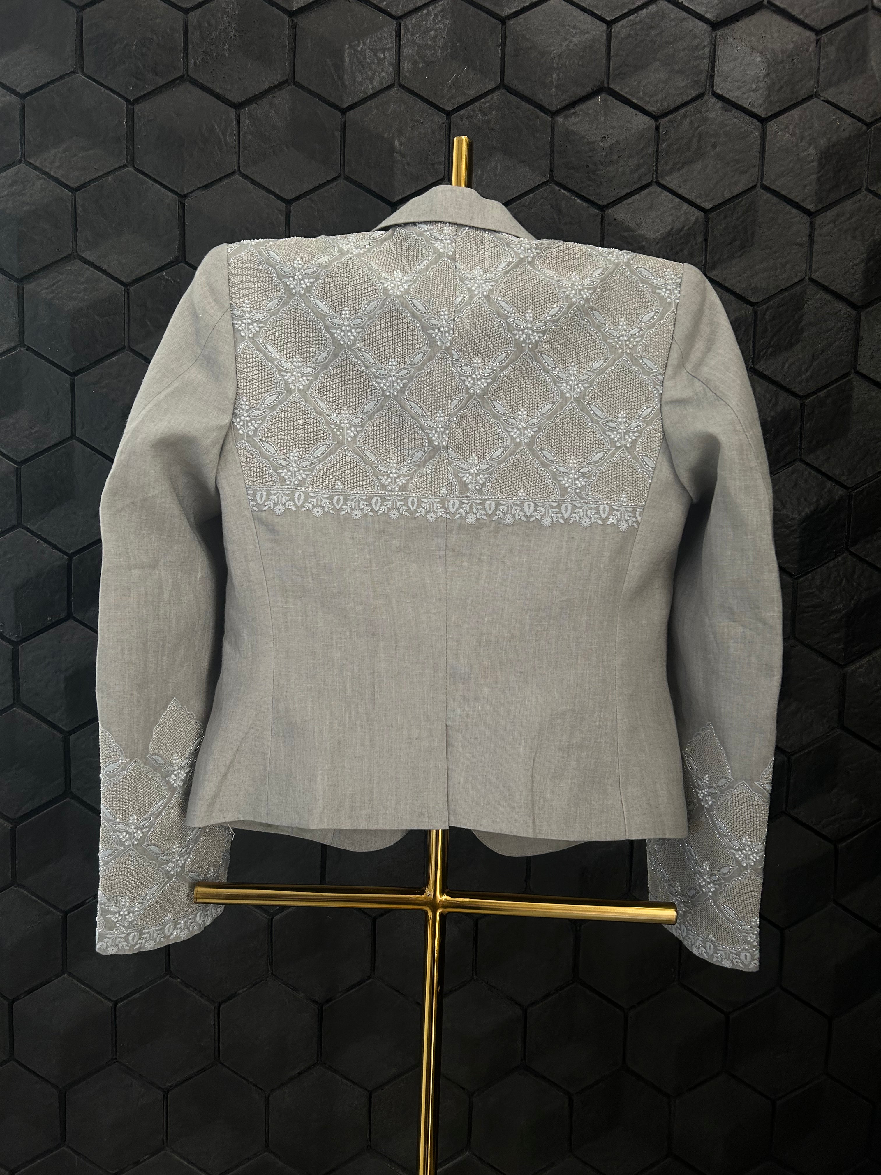 Premium Grey Linen Chikankari Blazer Set