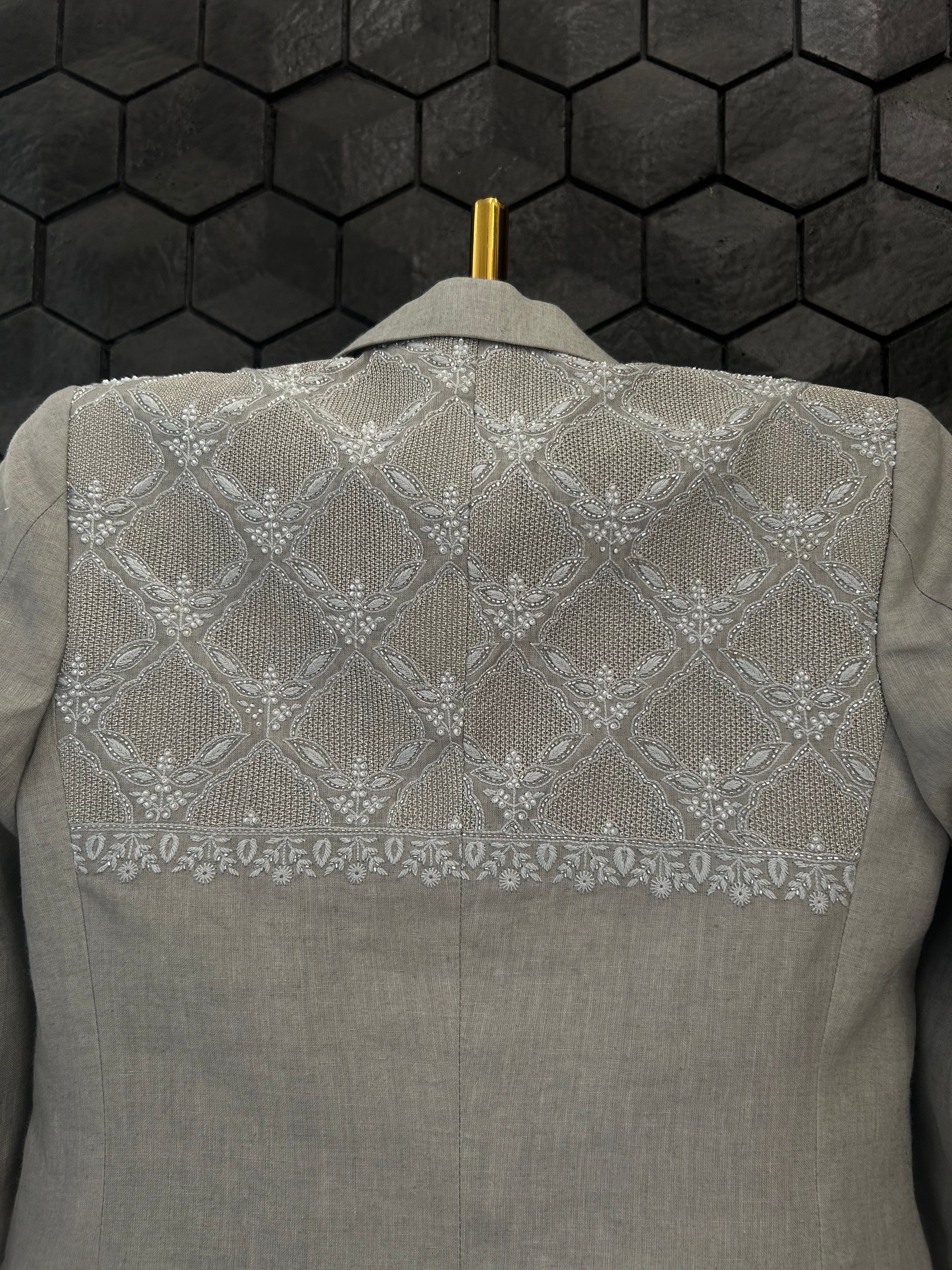 Premium Grey Linen Chikankari Blazer Set