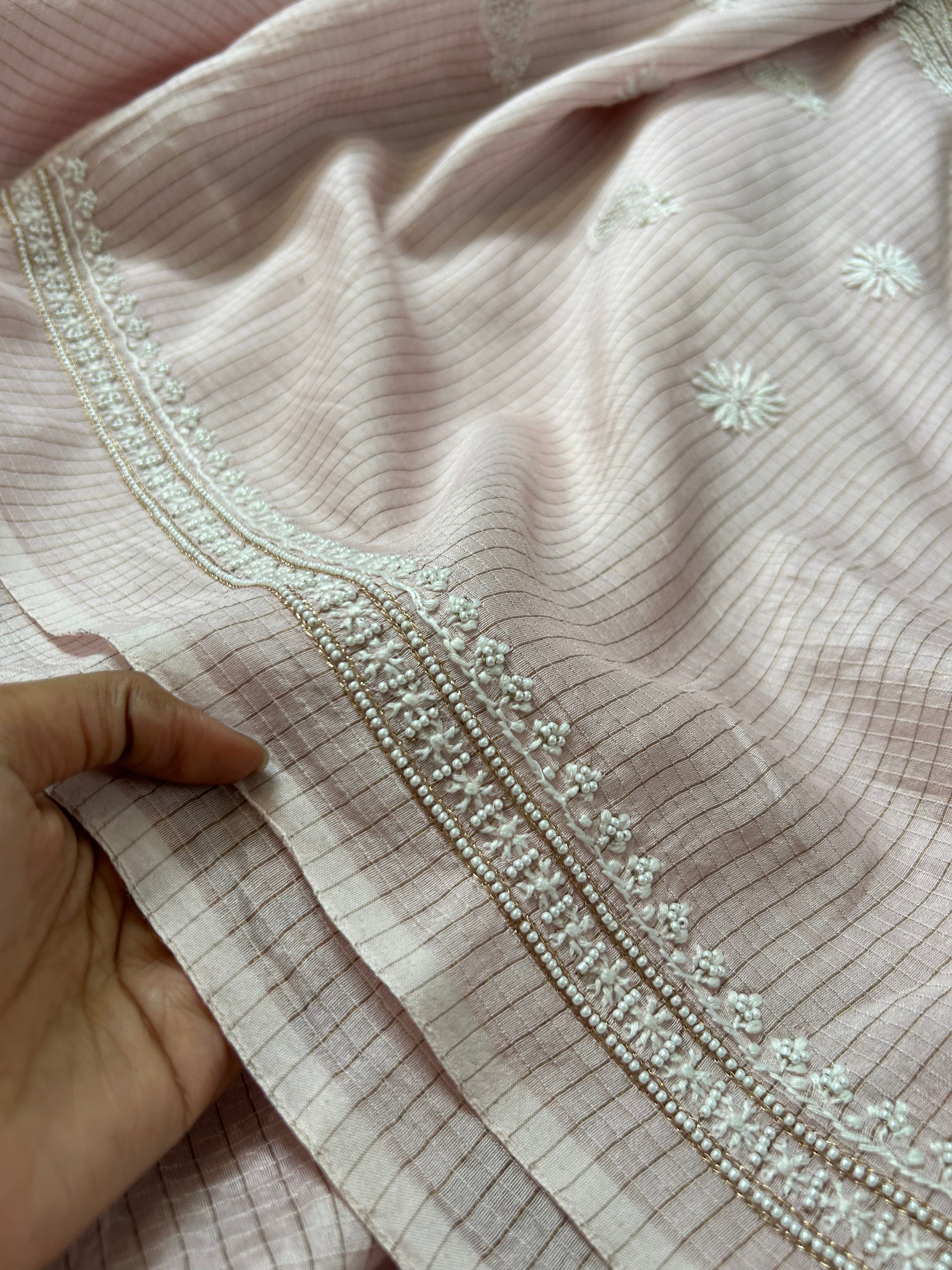 Pink Mul Chanderi Chikankari Mens Kurta