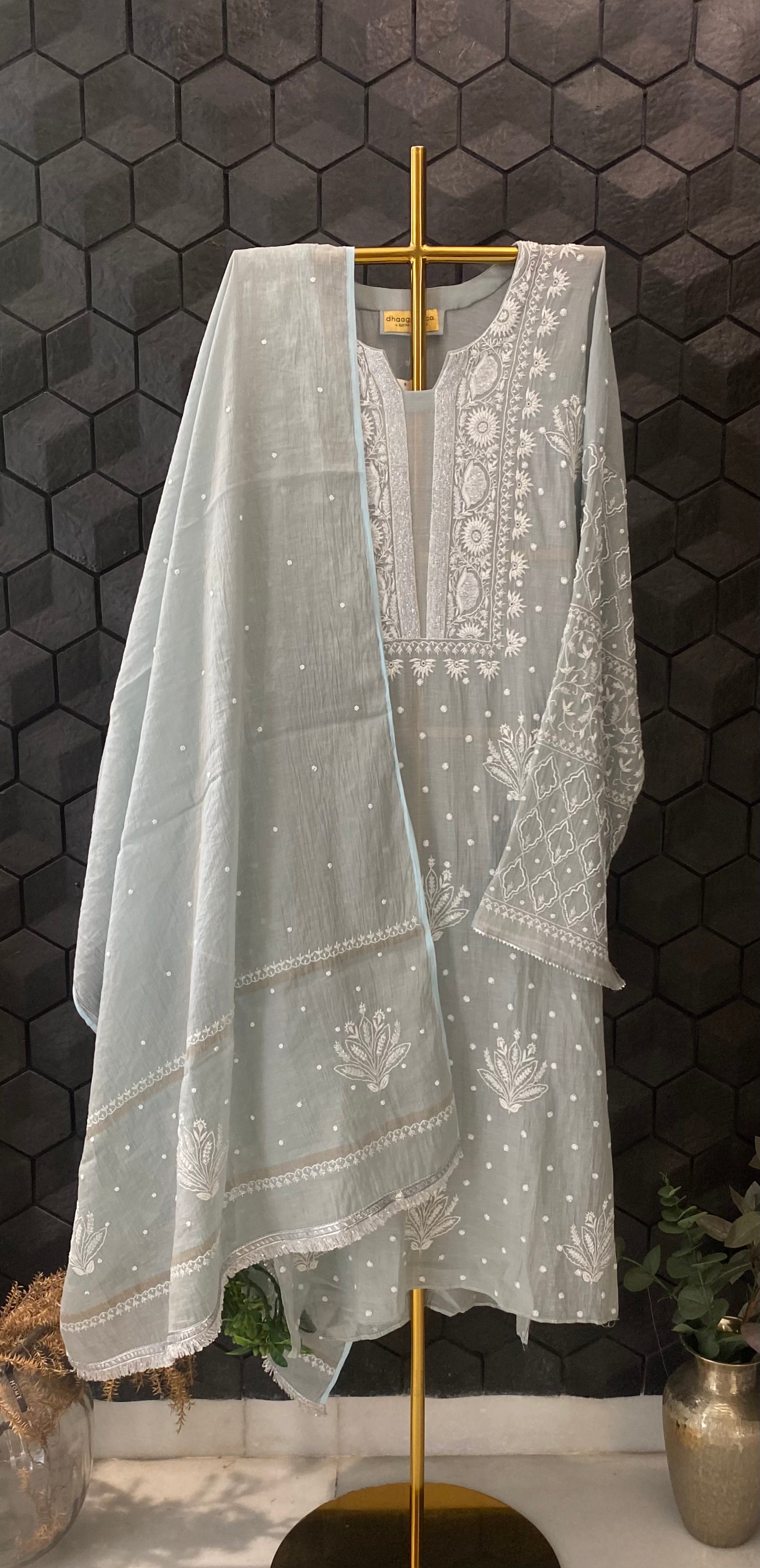 Grey Tissue Chikankari Kurta set