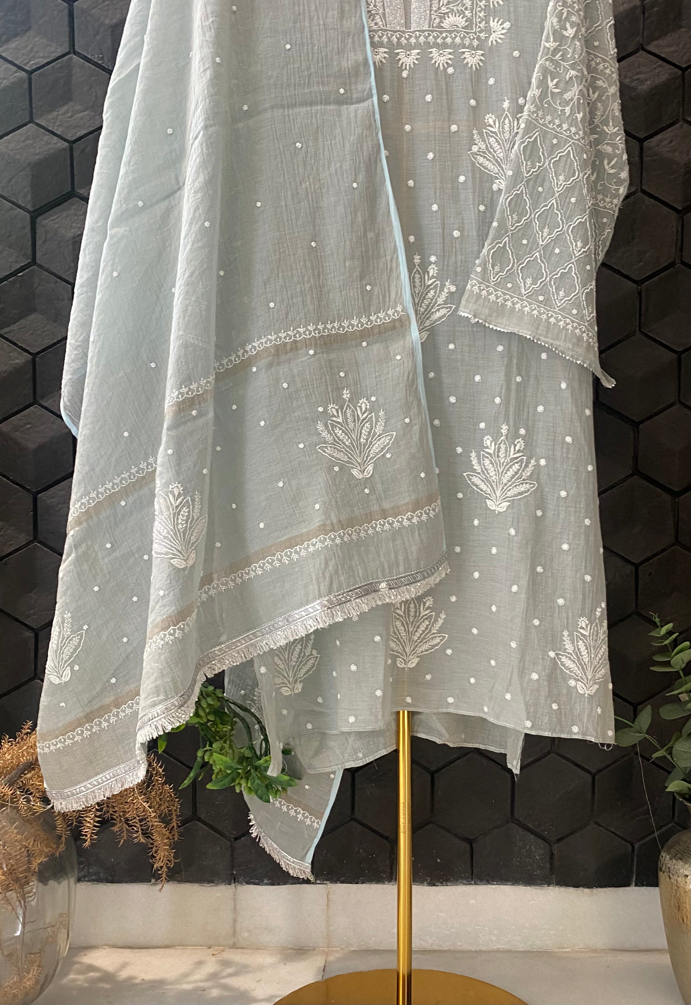 Grey Tissue Chikankari Kurta set