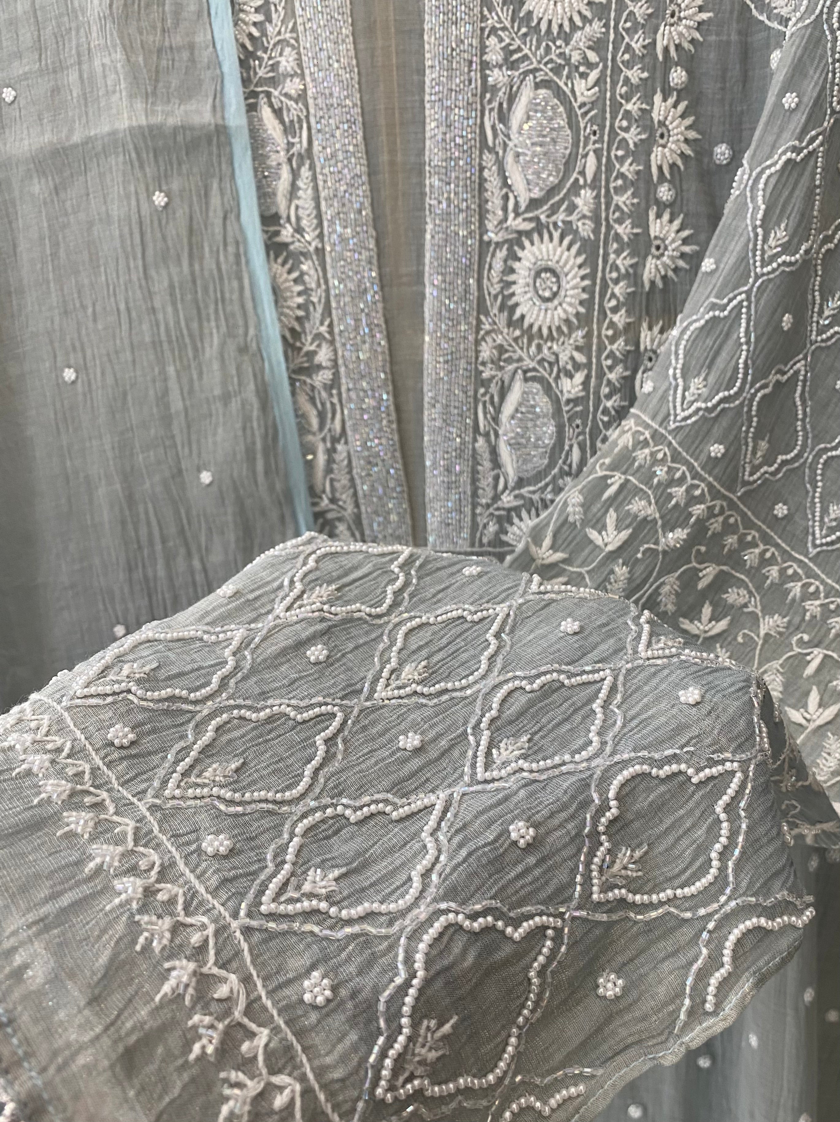 Grey Tissue Chikankari Kurta set