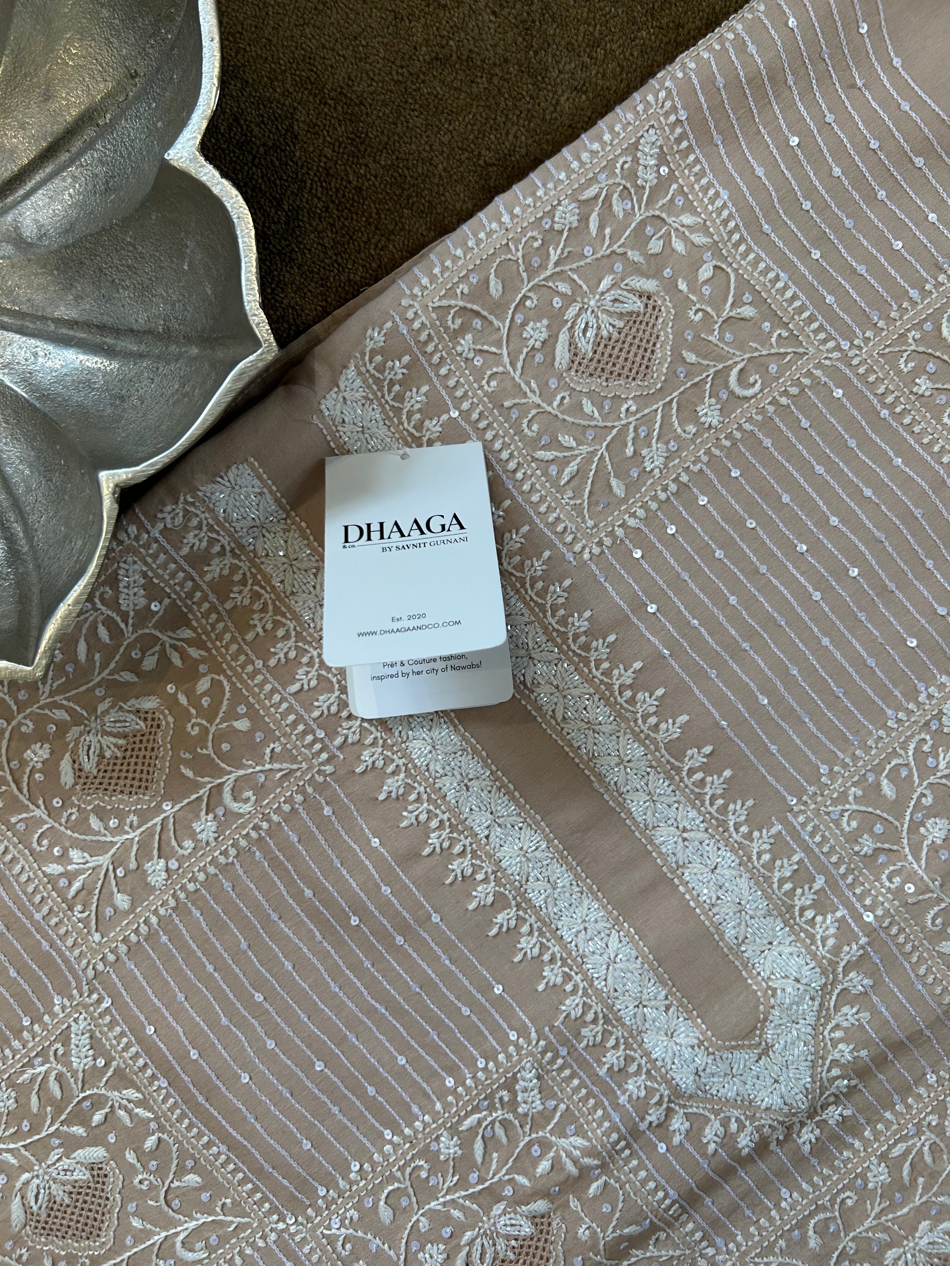 Peach chanderi chikankari mens kurta