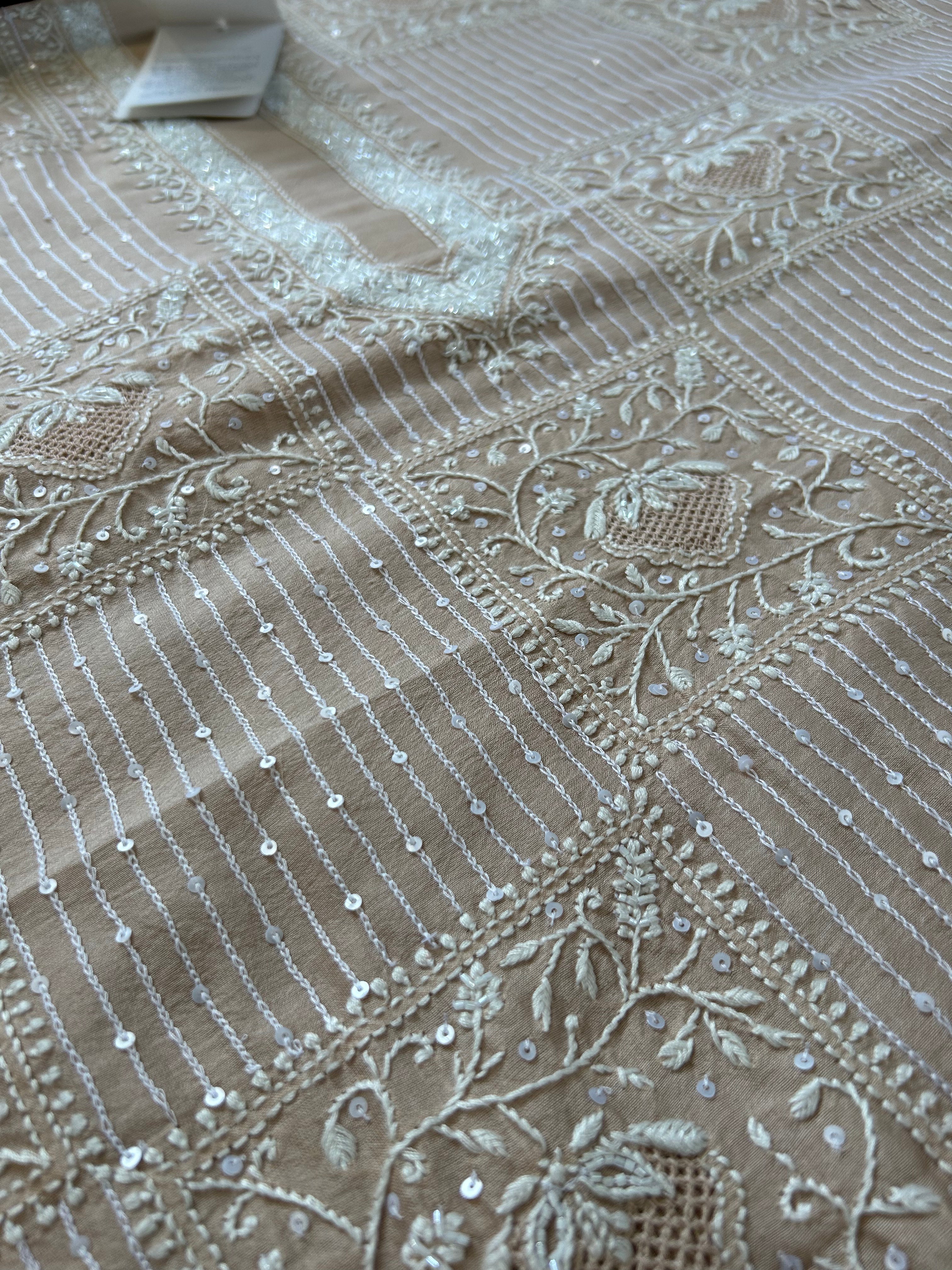Peach chanderi chikankari mens kurta