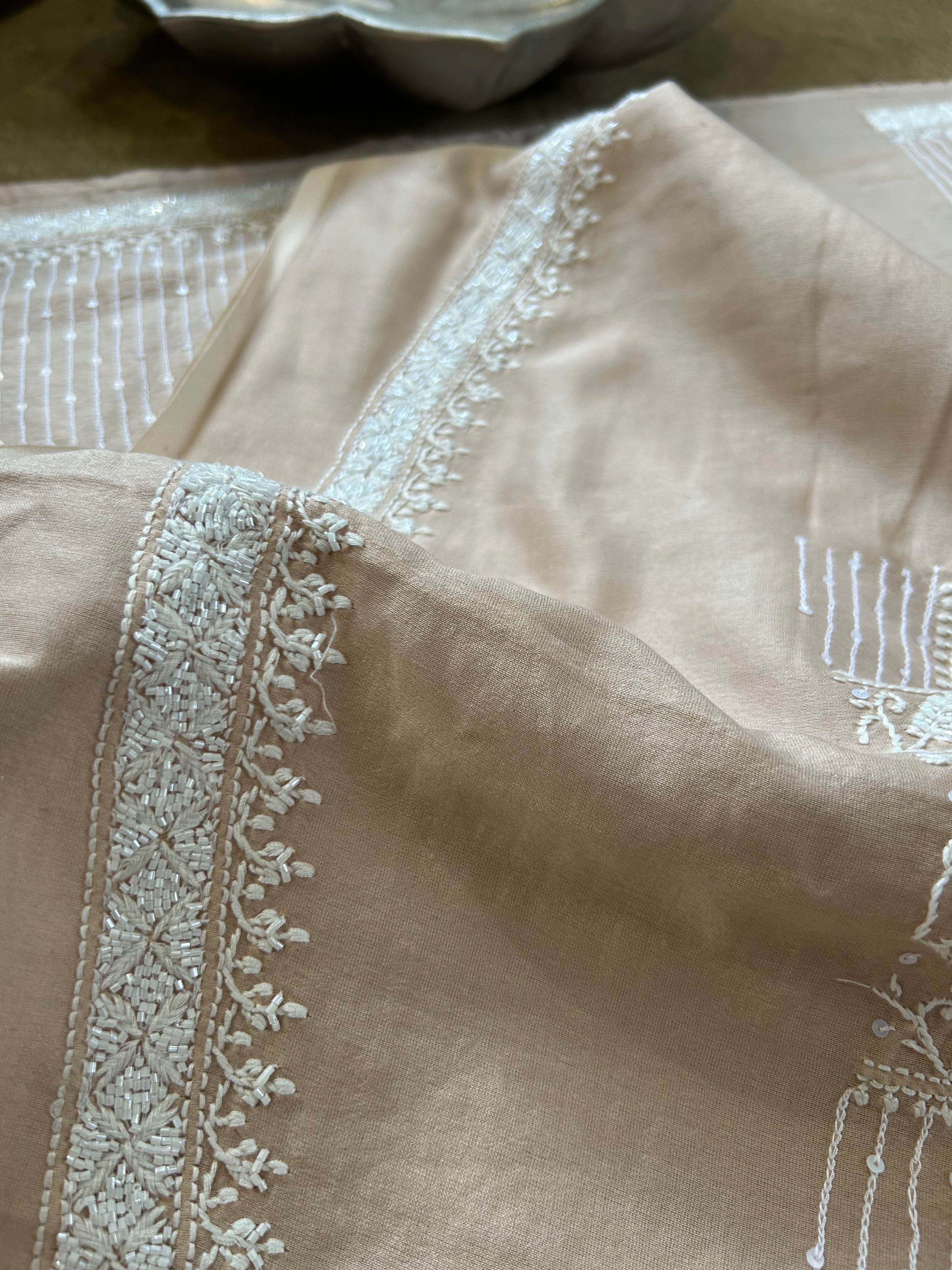 Peach chanderi chikankari mens kurta