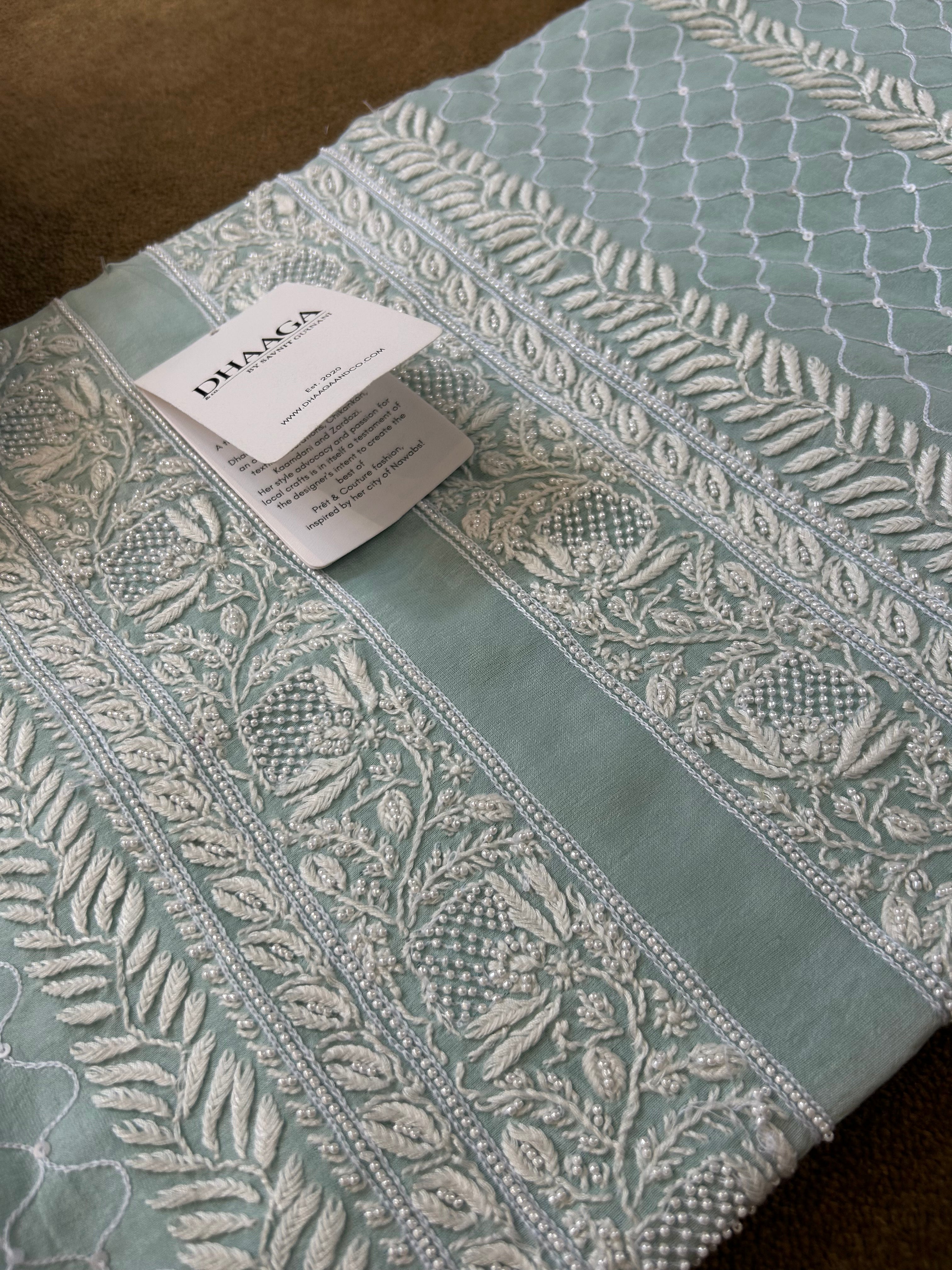 Green Chanderi Chikankari Mens Kurta